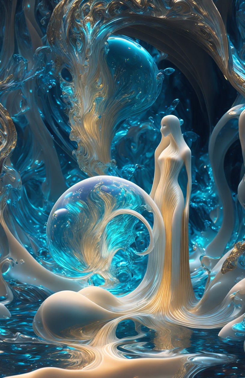 Surreal Abstract Scene with Fluid Blue and White Patterns
