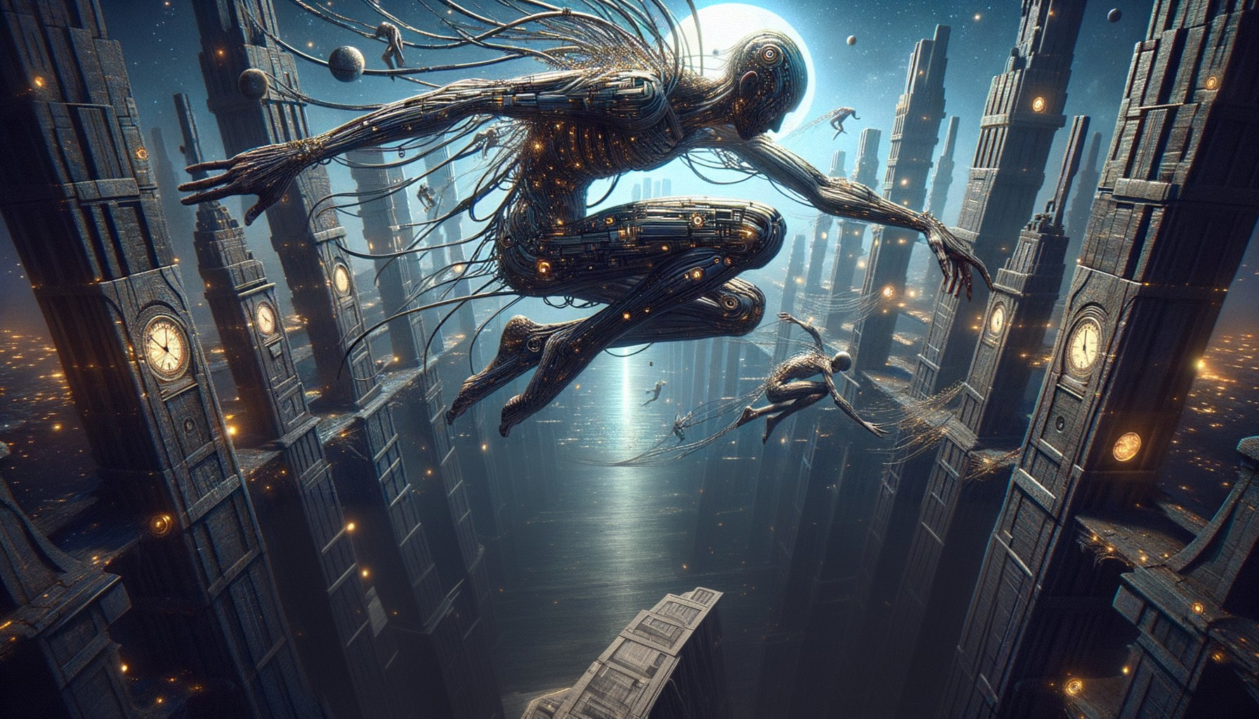 Futuristic Landscape with Circuit Humanoids and Towers