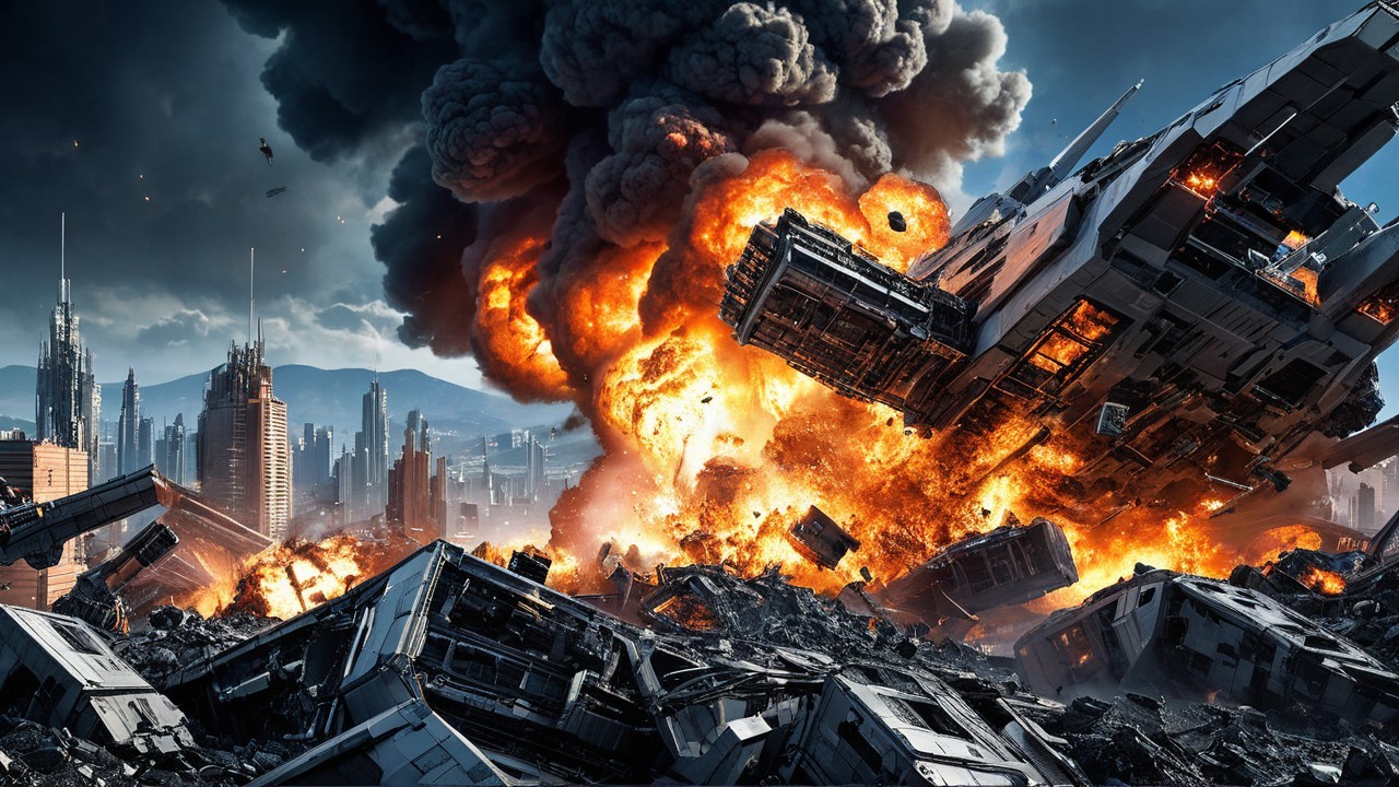 Massive Explosion in Futuristic Cityscape with Destruction