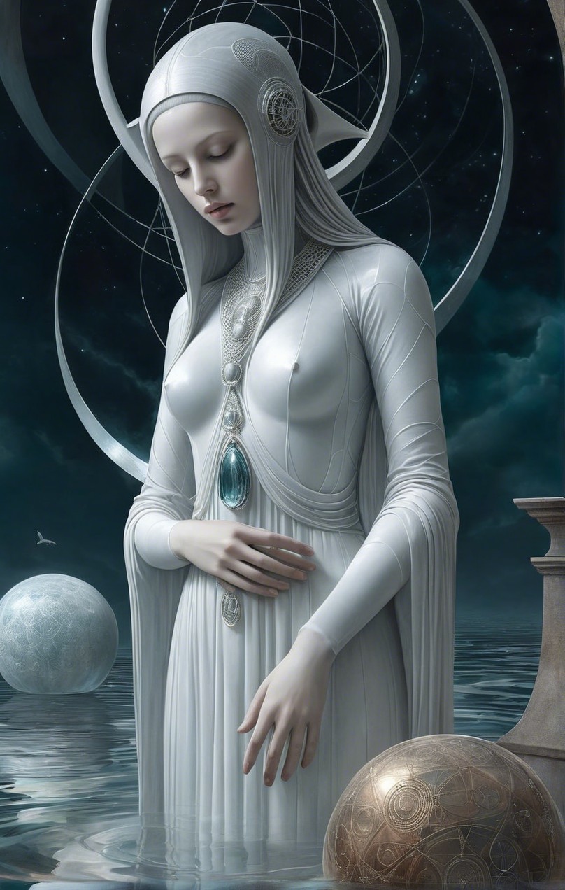 Serene figure by tranquil water with ethereal orbs