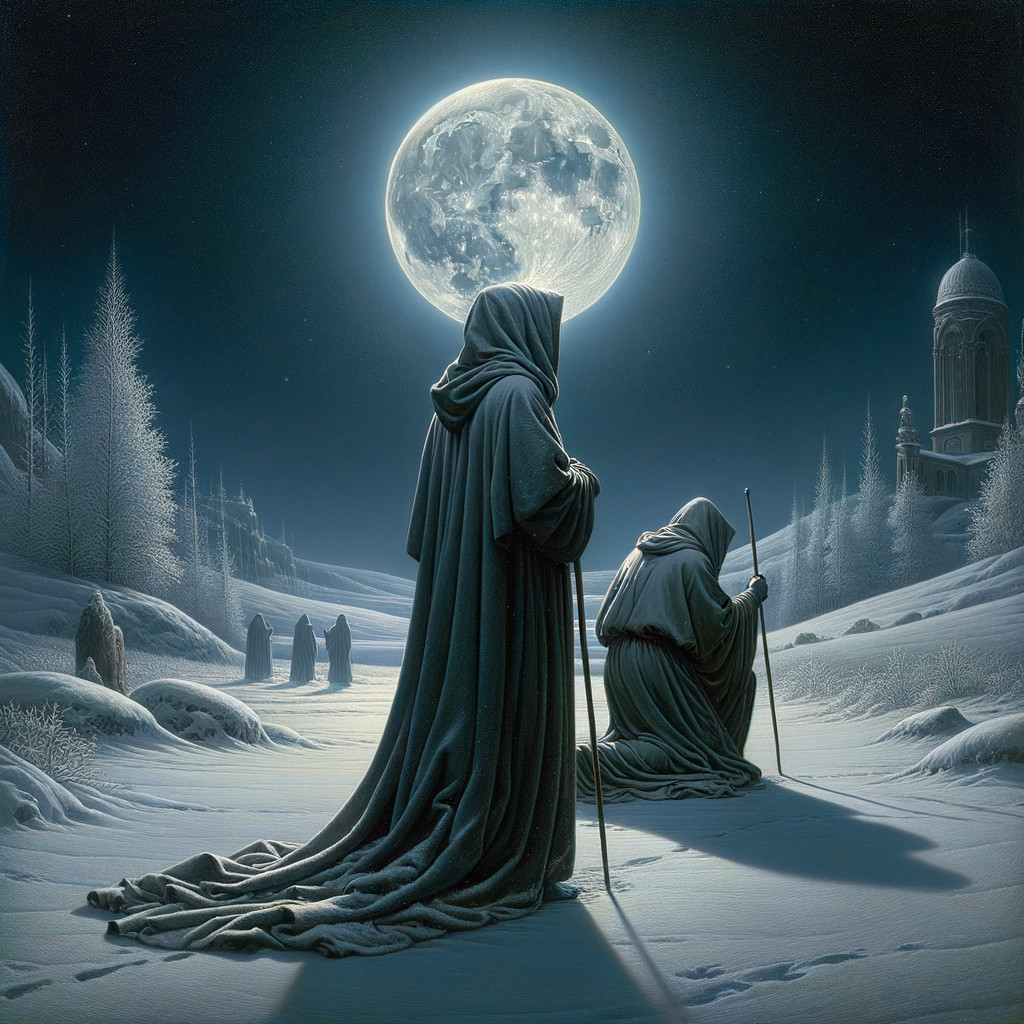 Mystical Gathering of Robed Figures in Winter Landscape