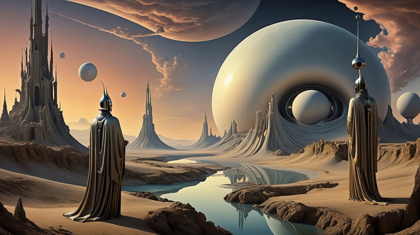 Surreal Landscape with Castles and Celestial Elements