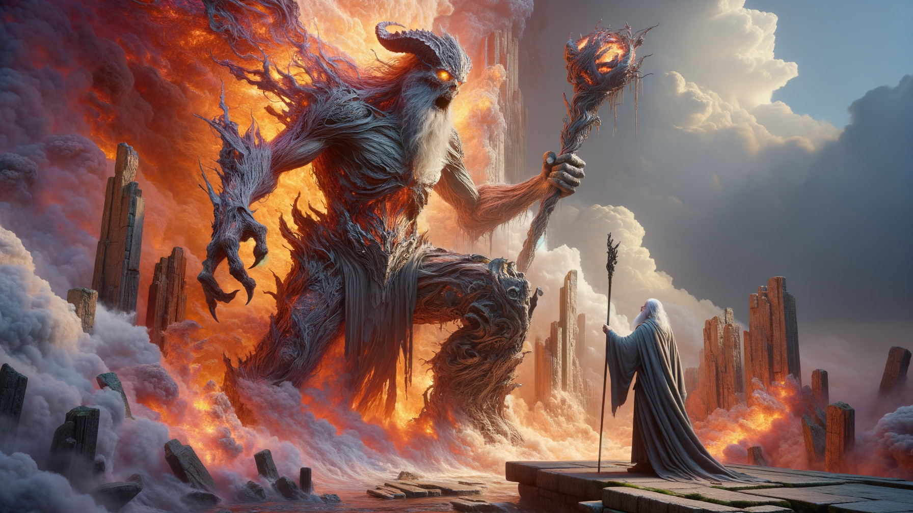 Colossal Fiery Entity and Cloaked Figure in Ruins
