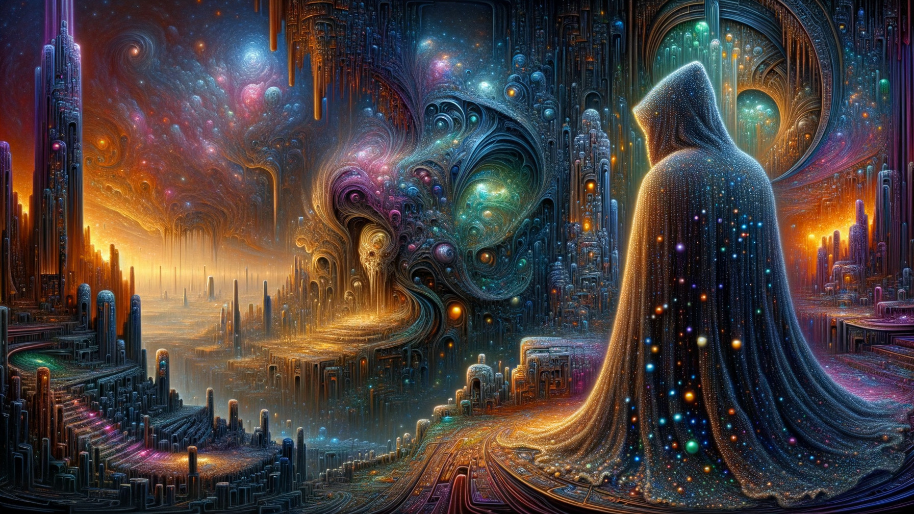 Mystical Landscape with Hooded Figure and Cosmic Elements