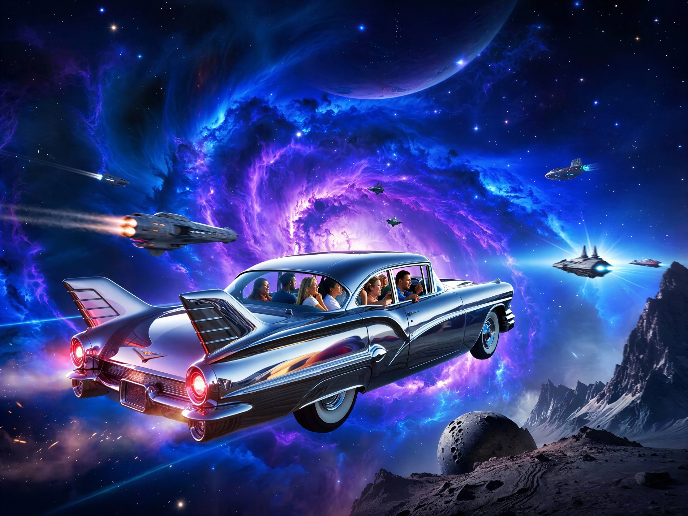 Vintage Silver Car in Space with Cosmic Nebula Background