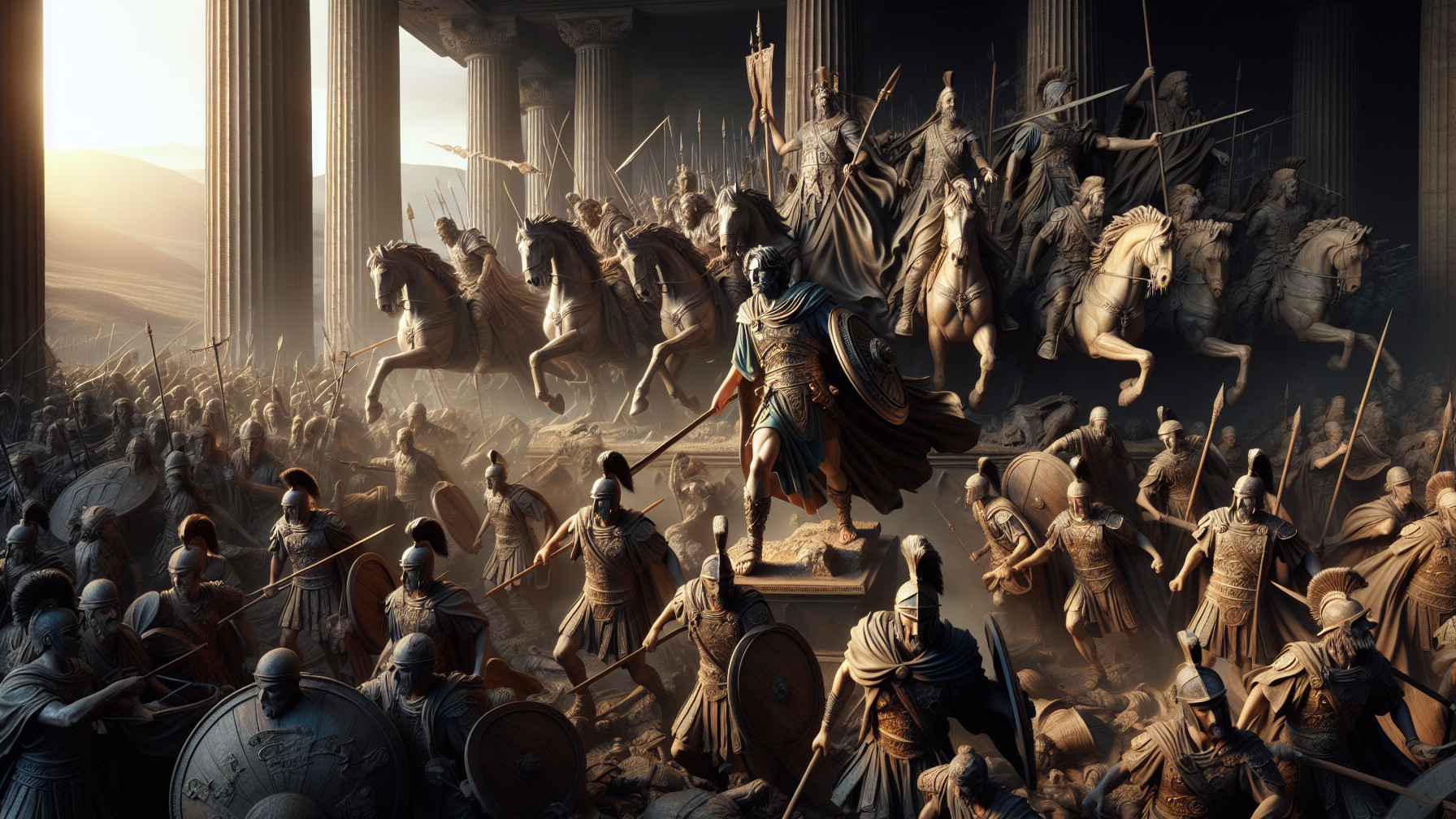 Ancient Warriors in Battle with Commanding Figure