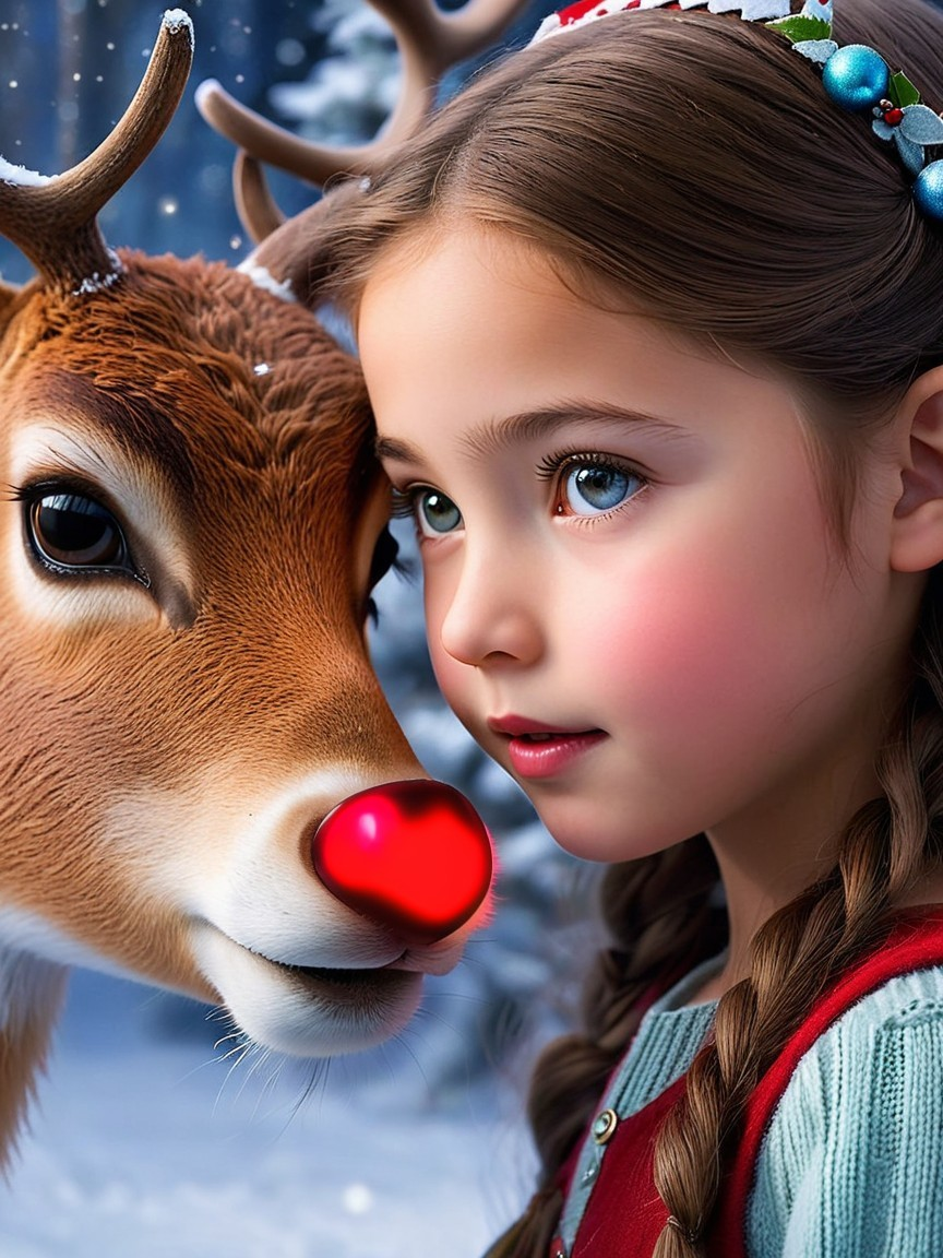Young Girl and Reindeer in Snowy Forest Scene