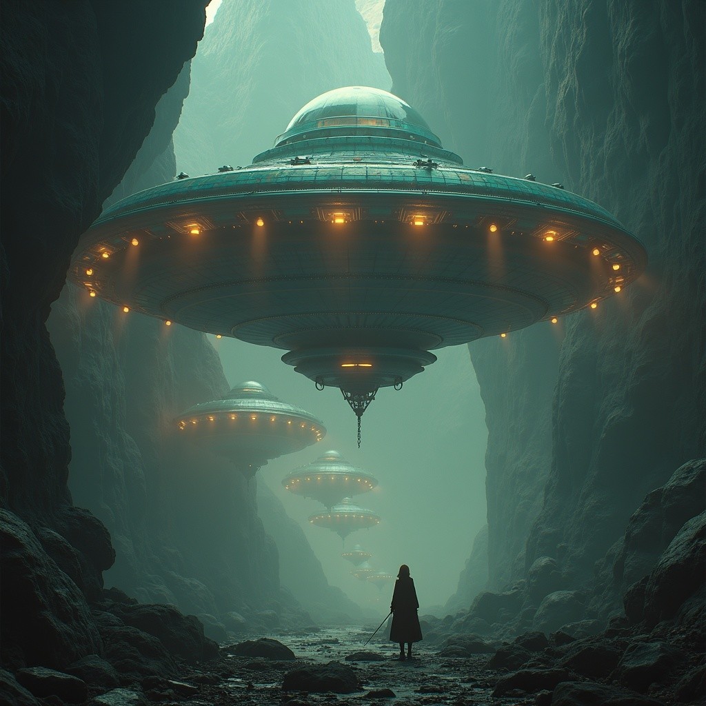 Misty Canyon with Hovering UFOs and Glowing Lights