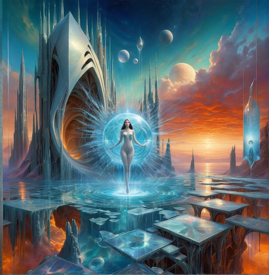 Futuristic landscape with serene figure and luminous orb