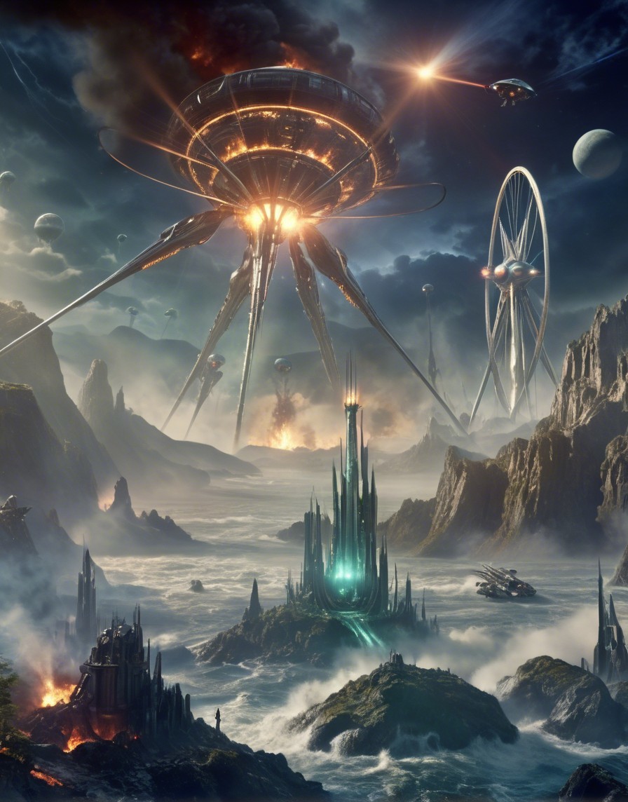 Futuristic landscape with sci-fi structures and spacecraft