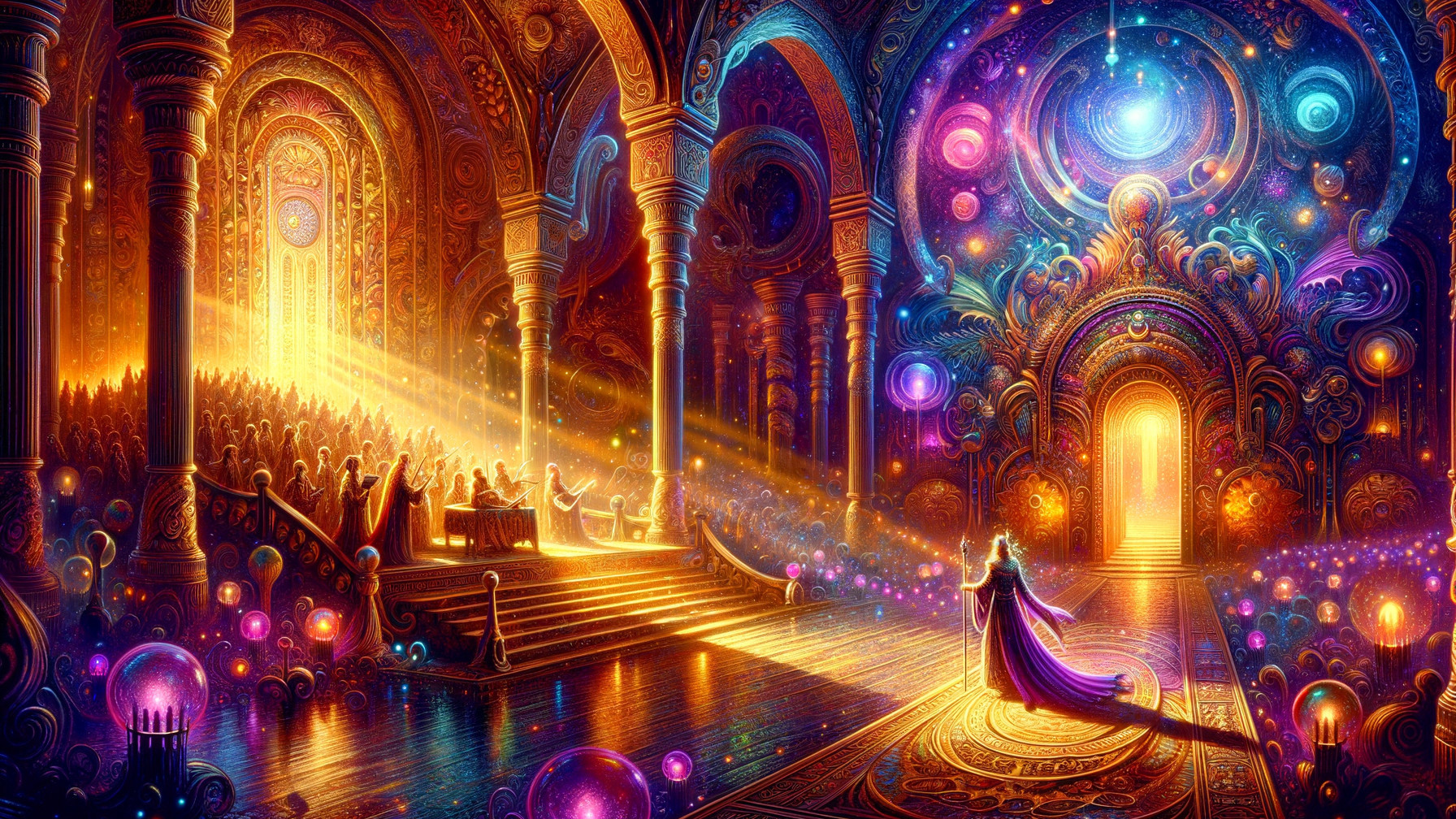 Ornate hall with figure in purple gown and cosmic decor
