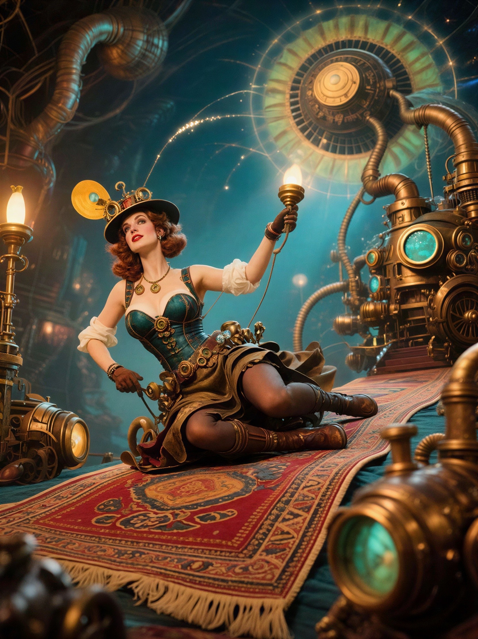 Steampunk Woman on Floating Platform with Magical Orb