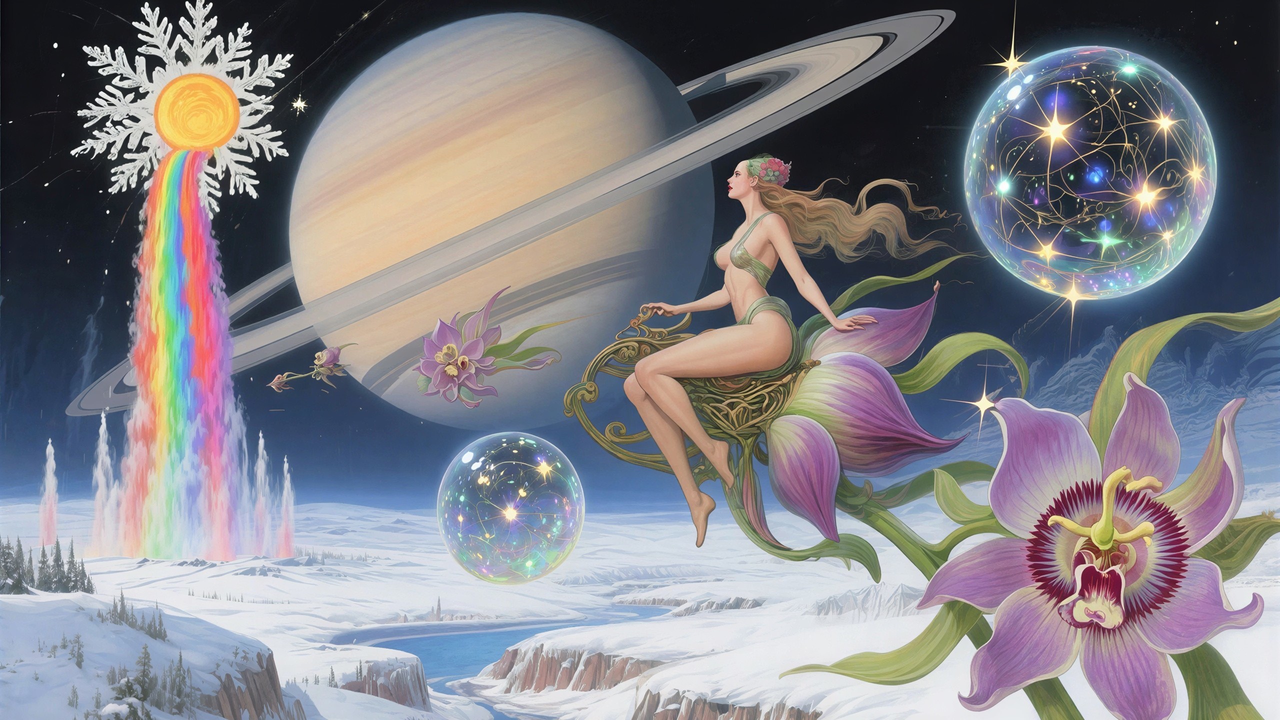Fantasy Oil Painting of a Woman on a Cosmic Swing