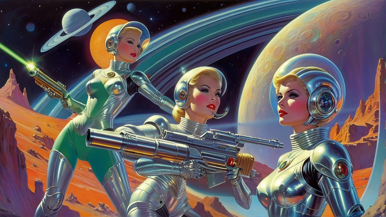 Three Spacewomen in Silver Suits Against Cosmic Backdrop