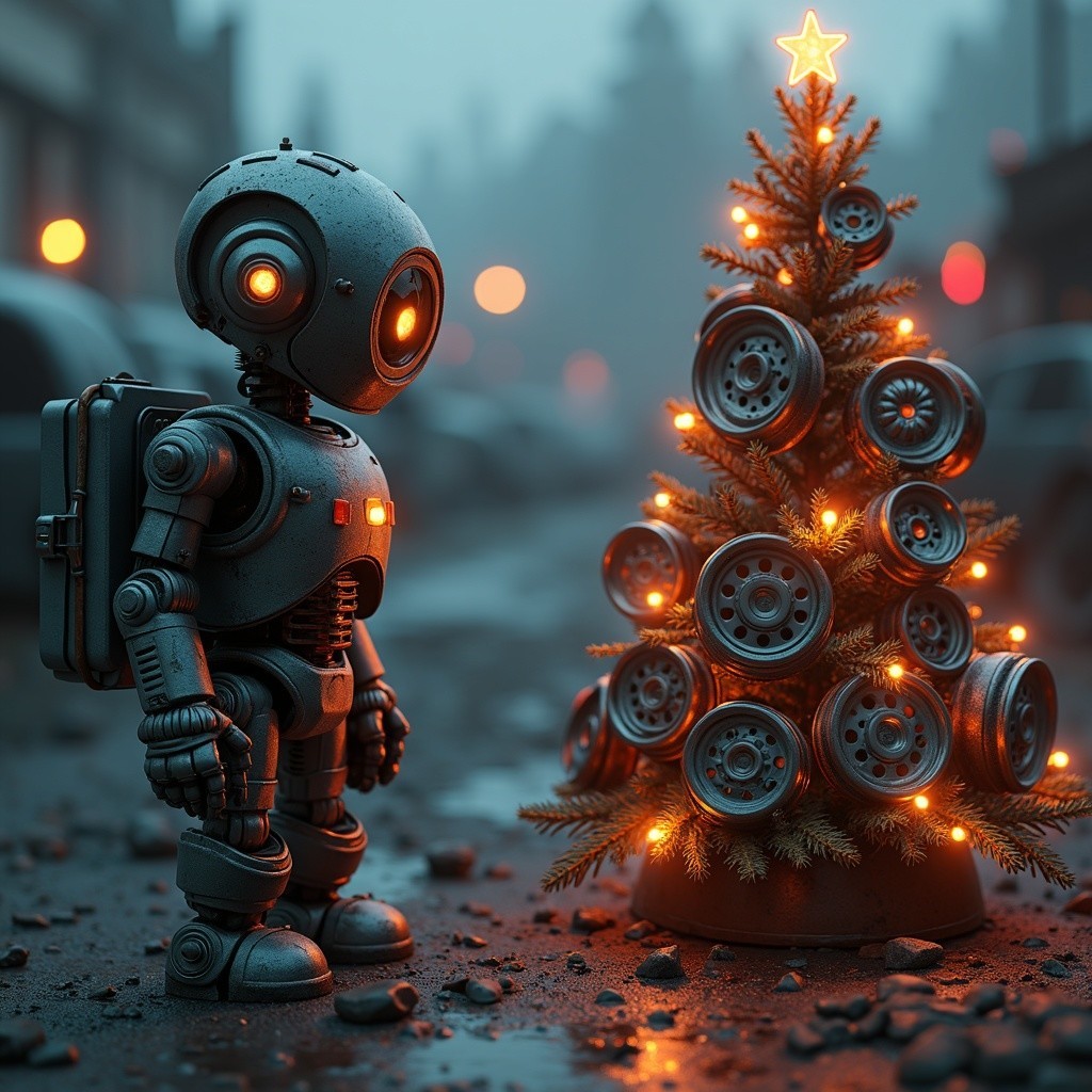 Weathered Robot Observing Unique Christmas Tree Scene
