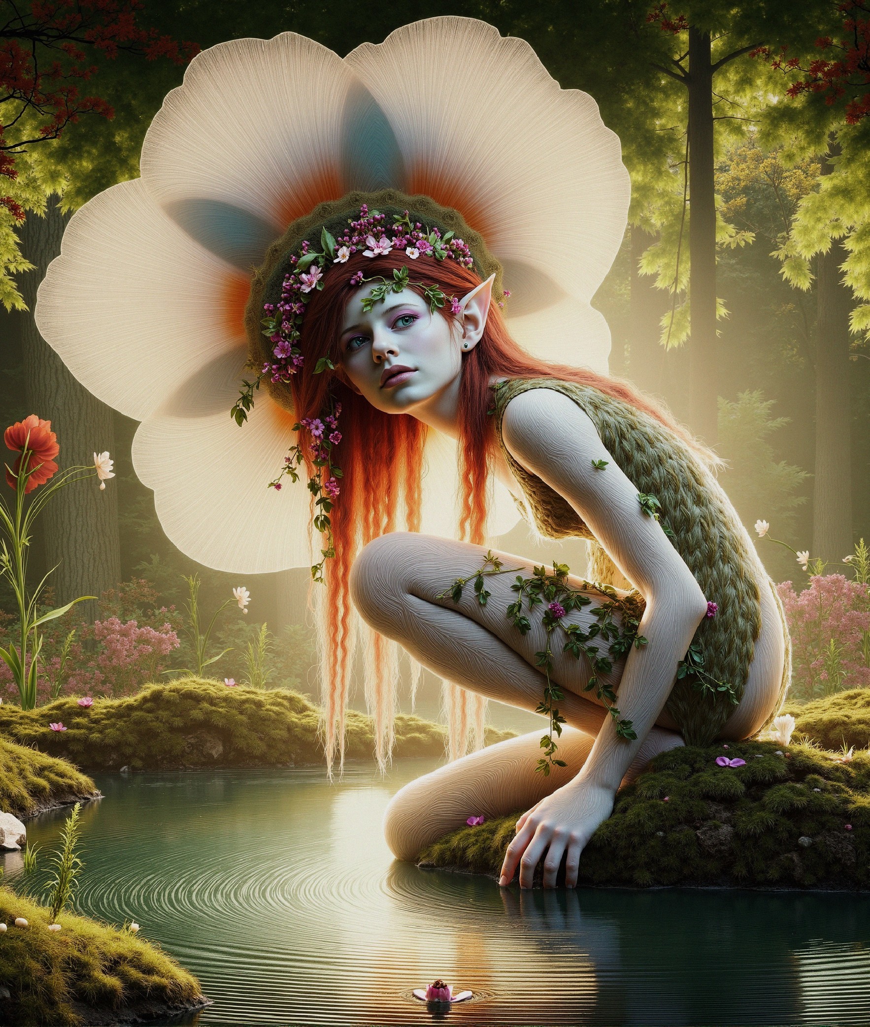 Mystical forest scene with whimsical character by pond