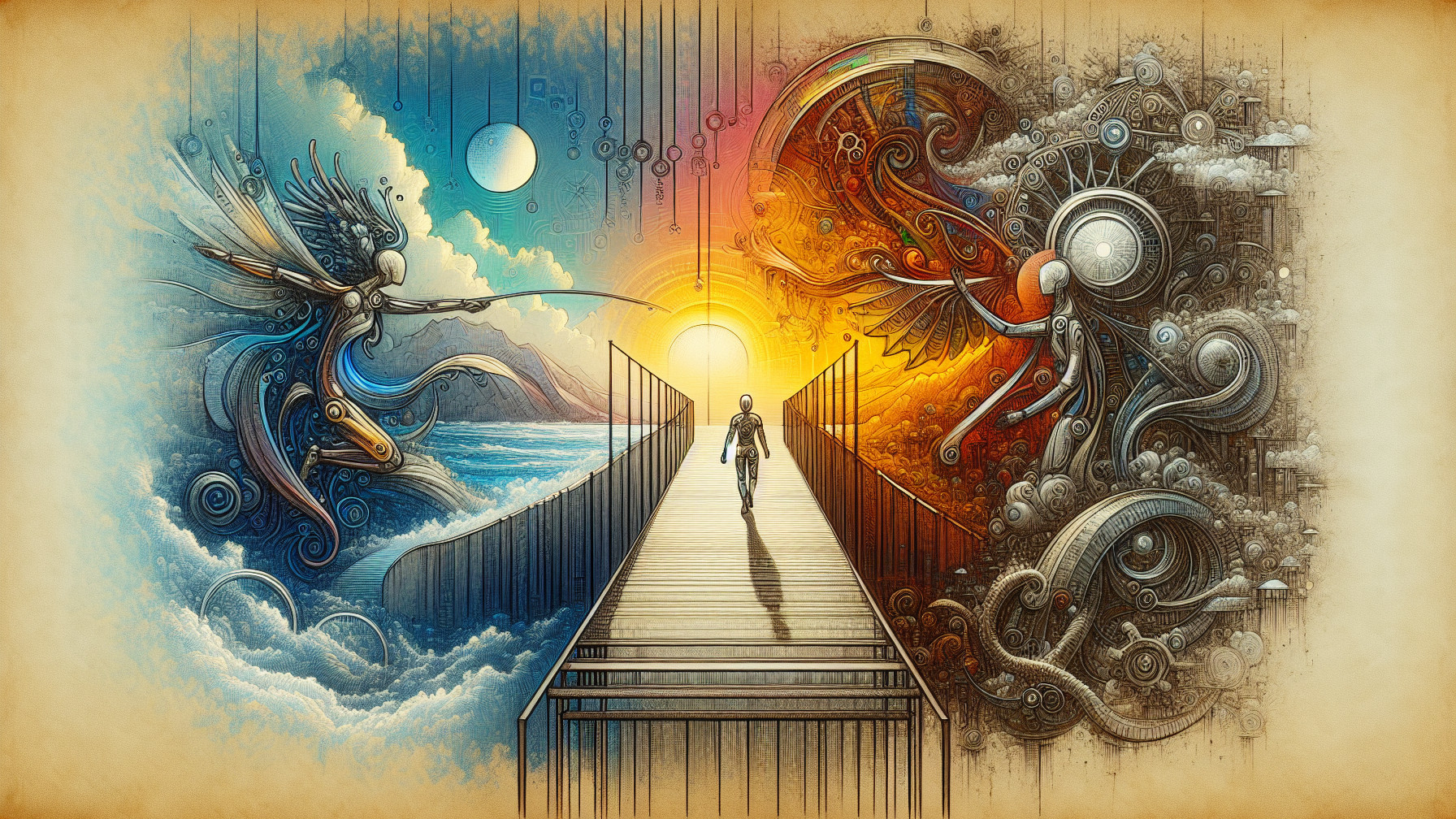 Pathway Between Serene Ocean and Fiery Sunset Landscapes