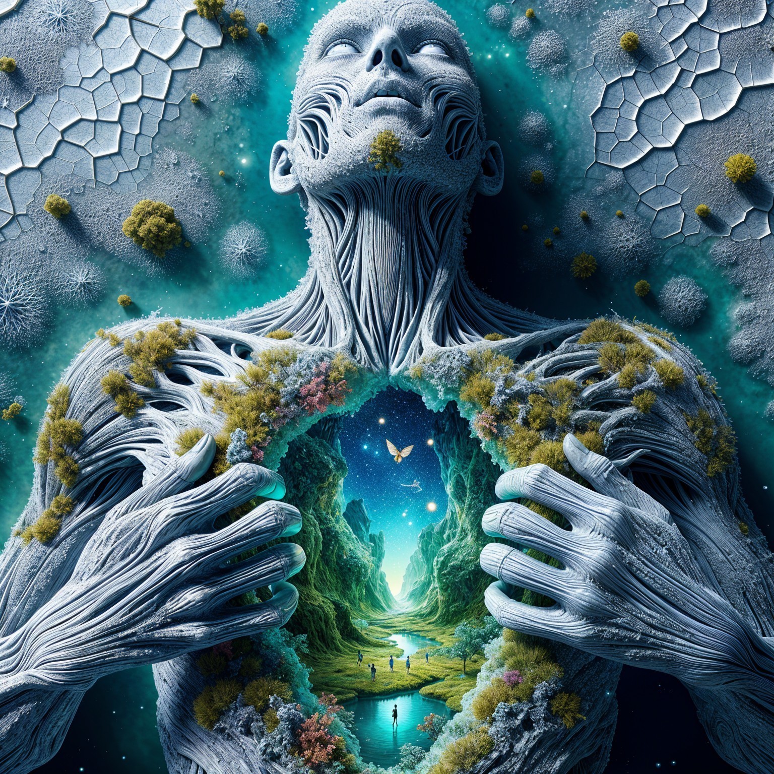 Surreal Figure with Miniature Landscape and Butterflies