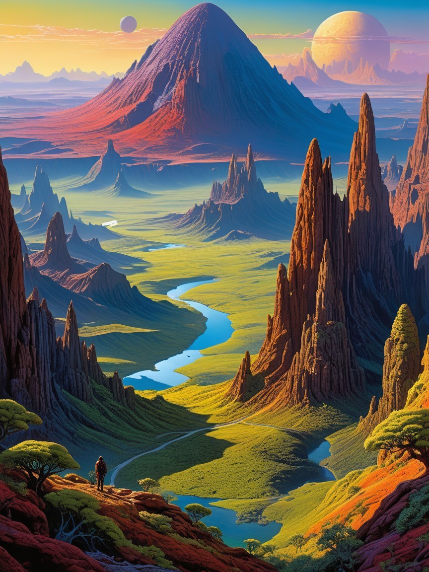 Alien Landscape with Jagged Rocks and Vibrant Colors