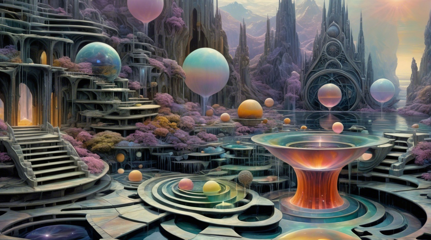 Surreal Landscape with Ethereal Orbs and Fountains