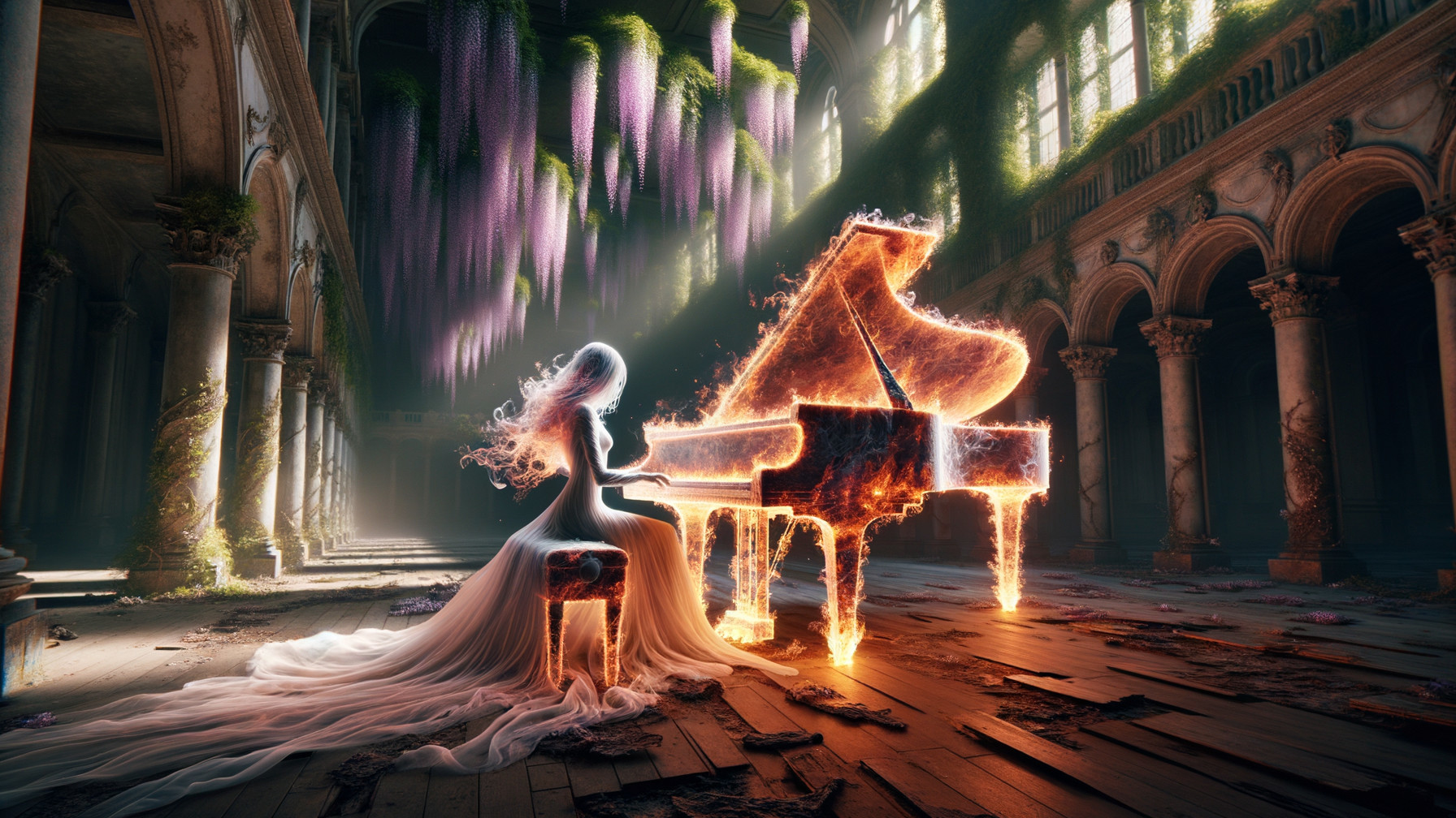 Ghostly Figure Playing Piano in Dilapidated Hall