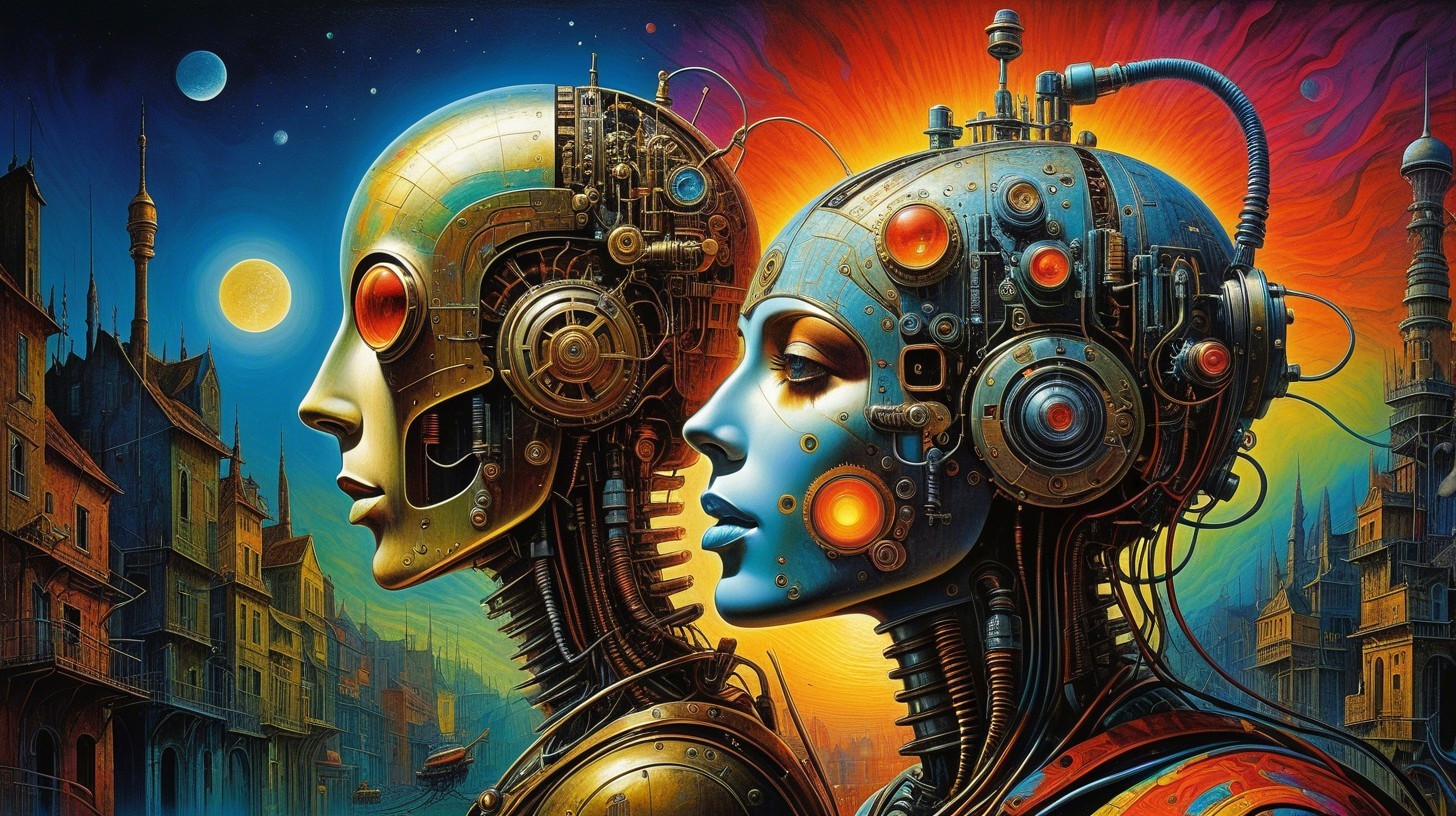 Futuristic Robots in Vibrant City Skyline Scene