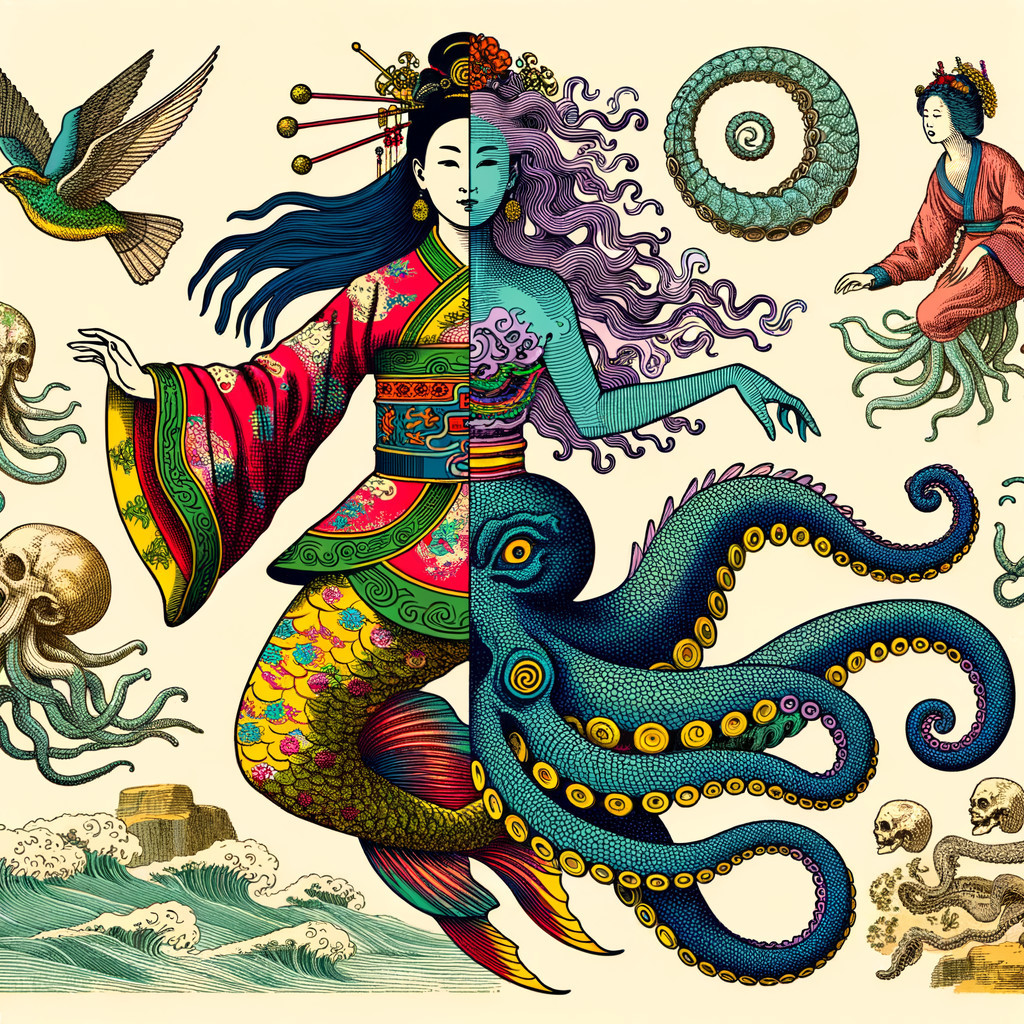 Mythical Figure with Asian Woman and Turquoise Being