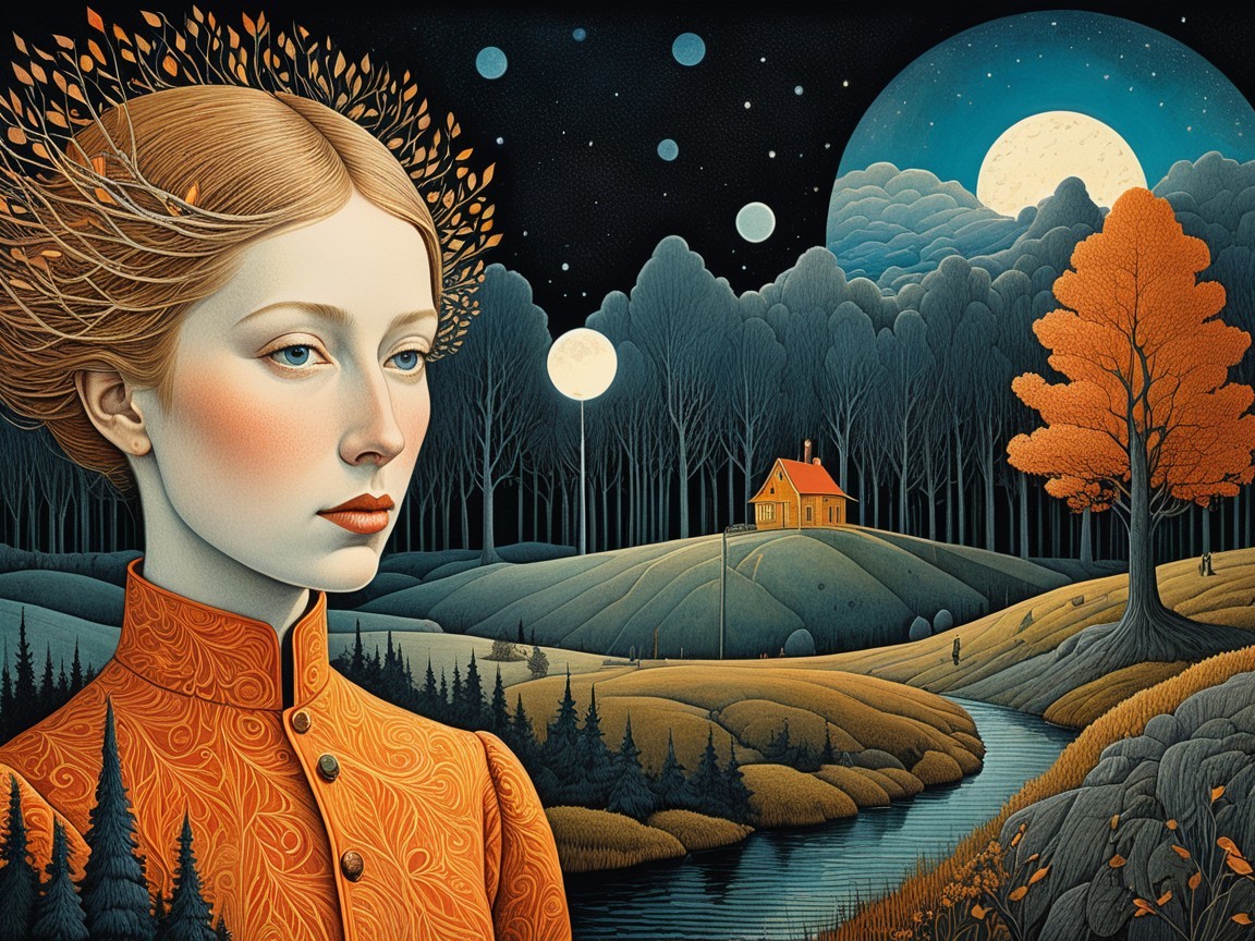 Serene landscape with woman in ornate orange dress