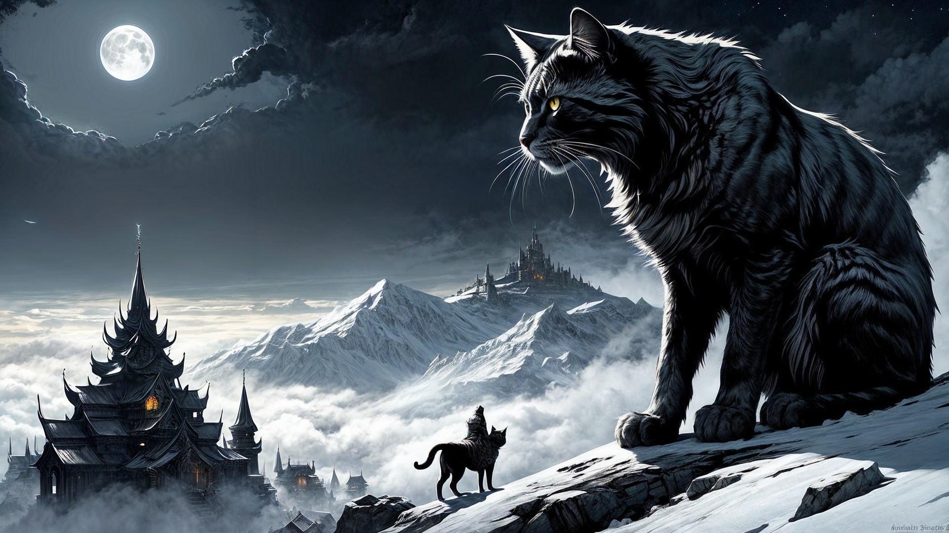 Majestic Black Cat Overlooking Mystical Landscape