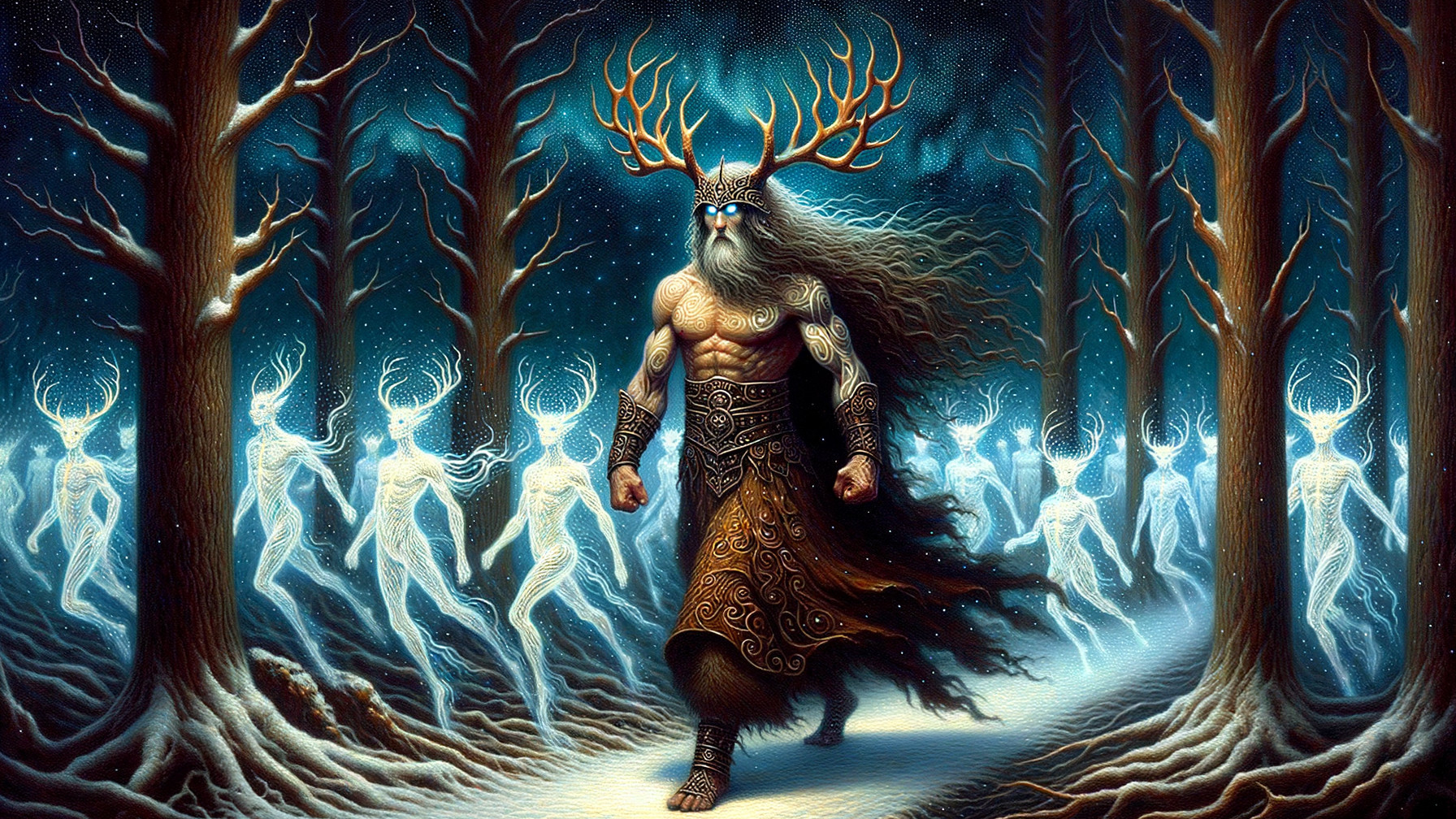 Mystical Forest Scene with Horned Figure and Spirits