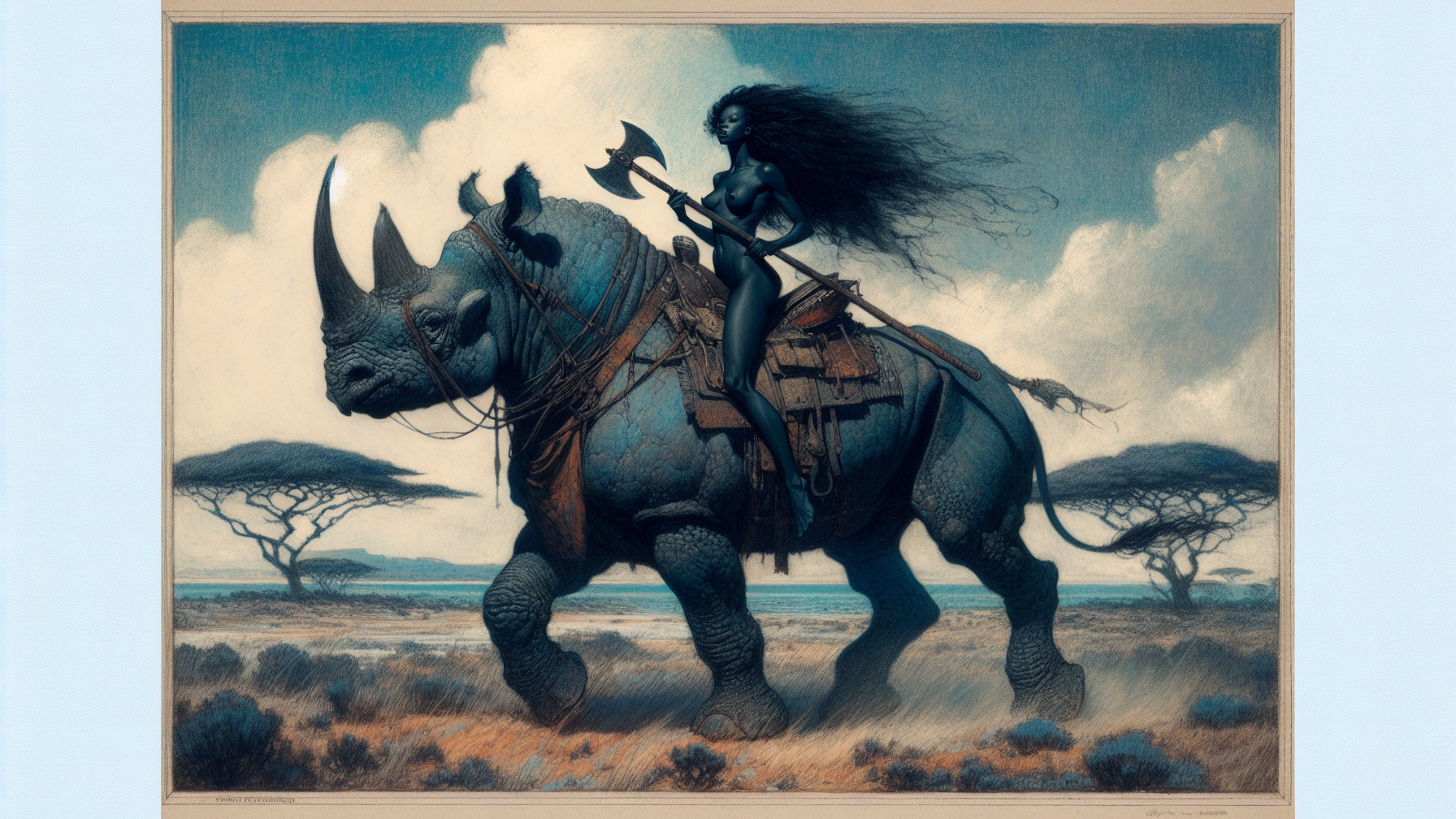 Female Warrior on Rhinoceros in Mythical Landscape