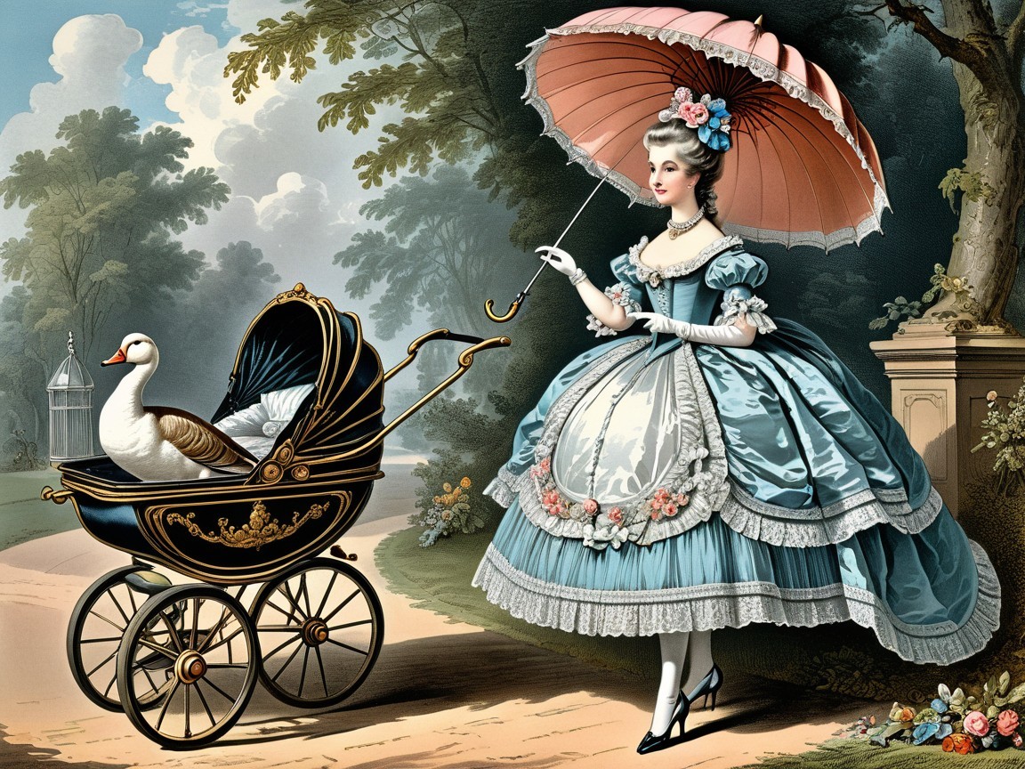 Vintage Scene with Woman in Blue Gown and Parasol