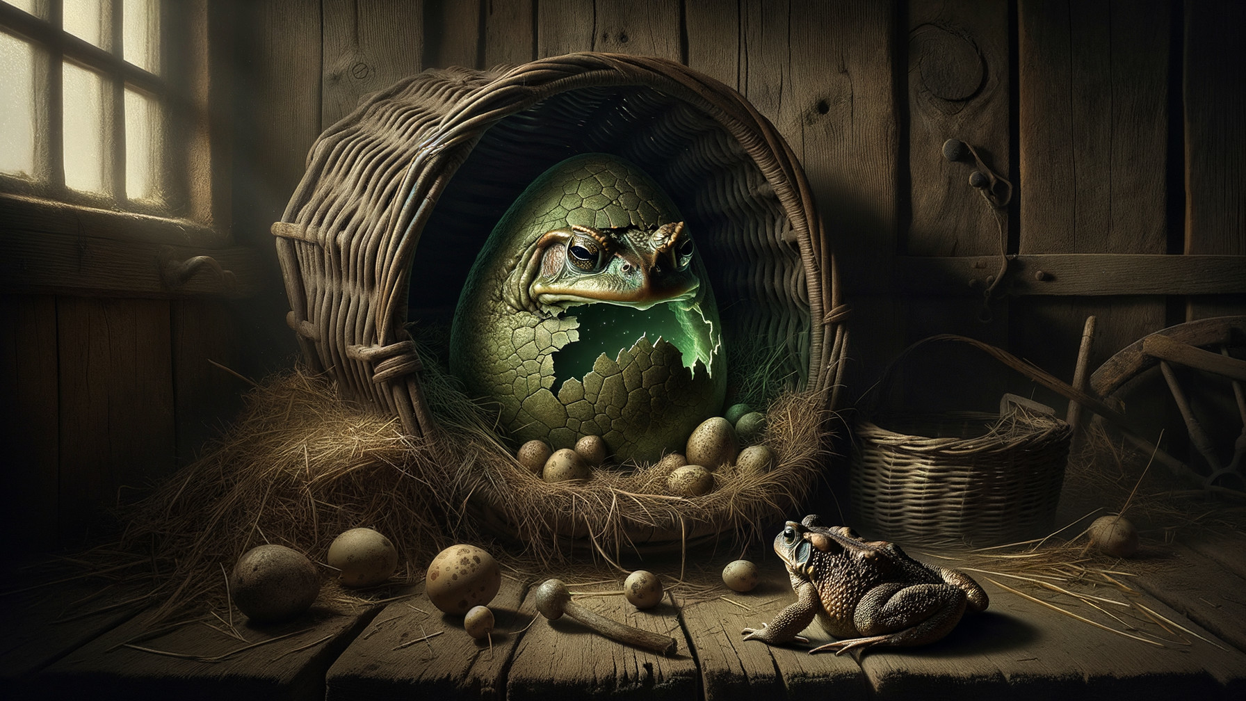 Cracked Green Egg in Barn with Hatching Frog Face