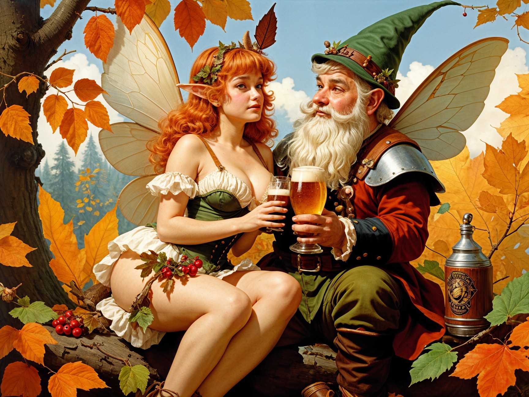 Fairy and Gnome Enjoying Drinks in Autumn Setting