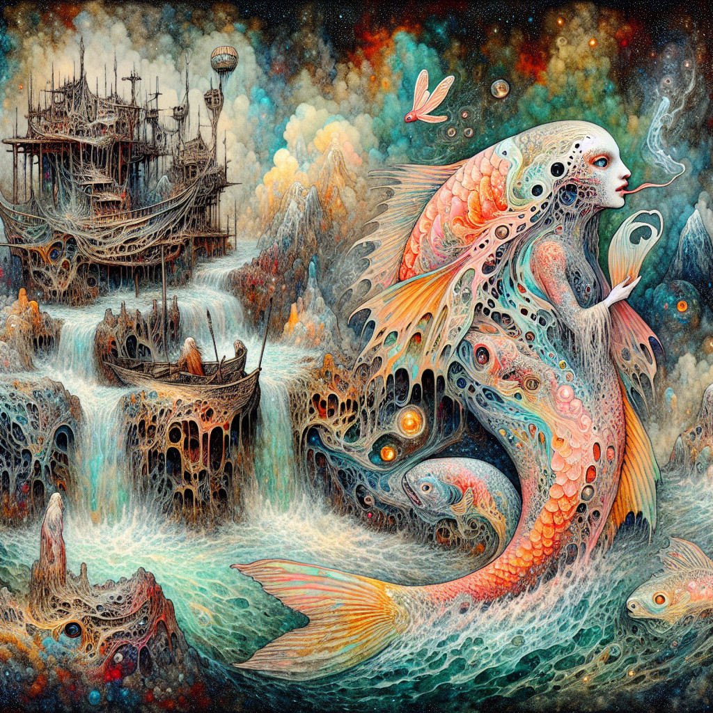 Surreal Landscape with Fish-Woman and Fantasy Elements