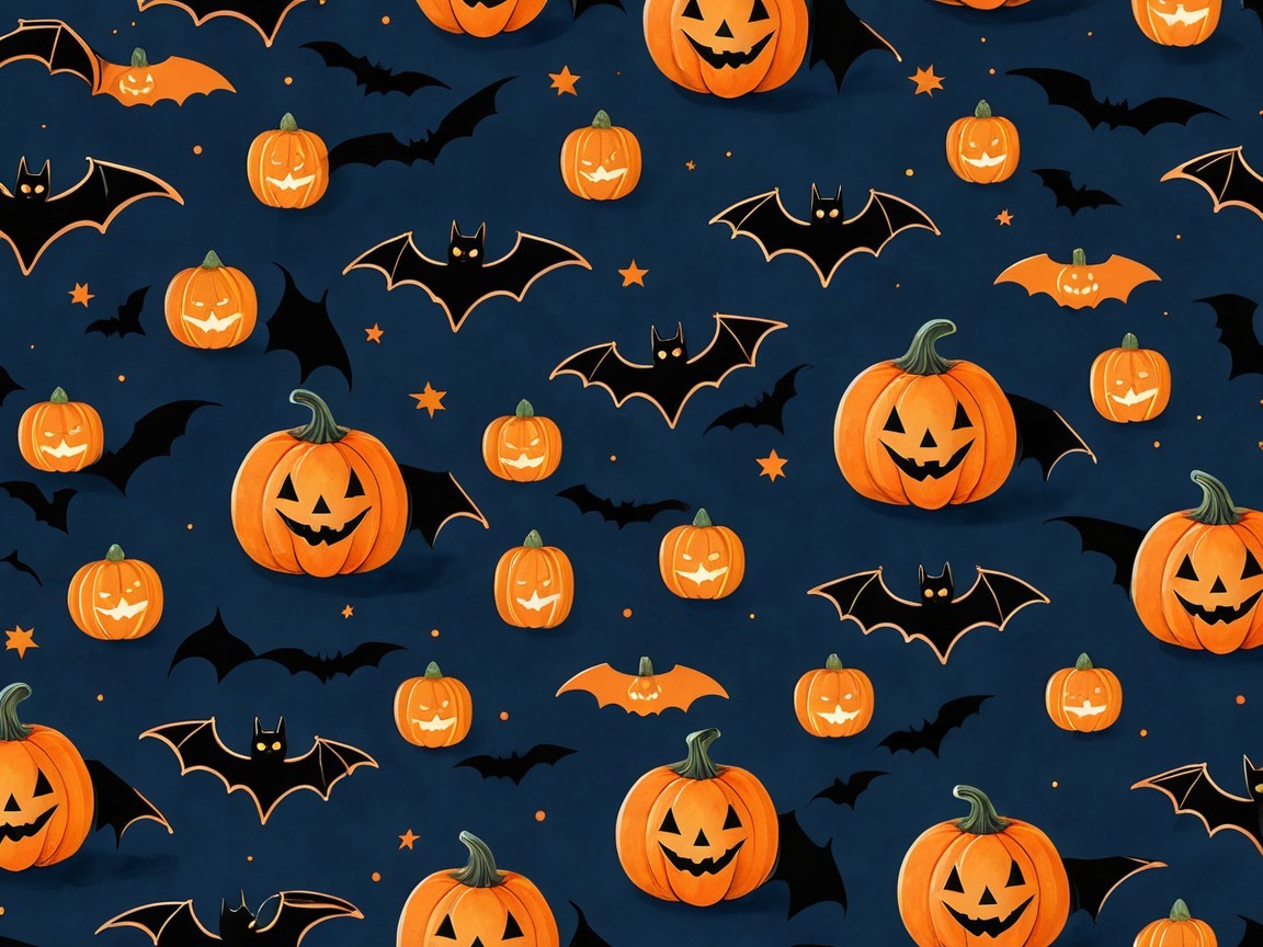 Whimsical Halloween Pattern with Pumpkins and Bats