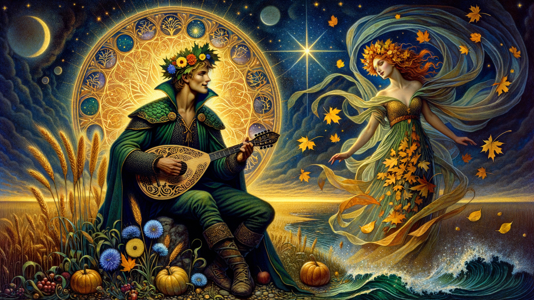 Musician with Mandolin by Serene Shore at Night