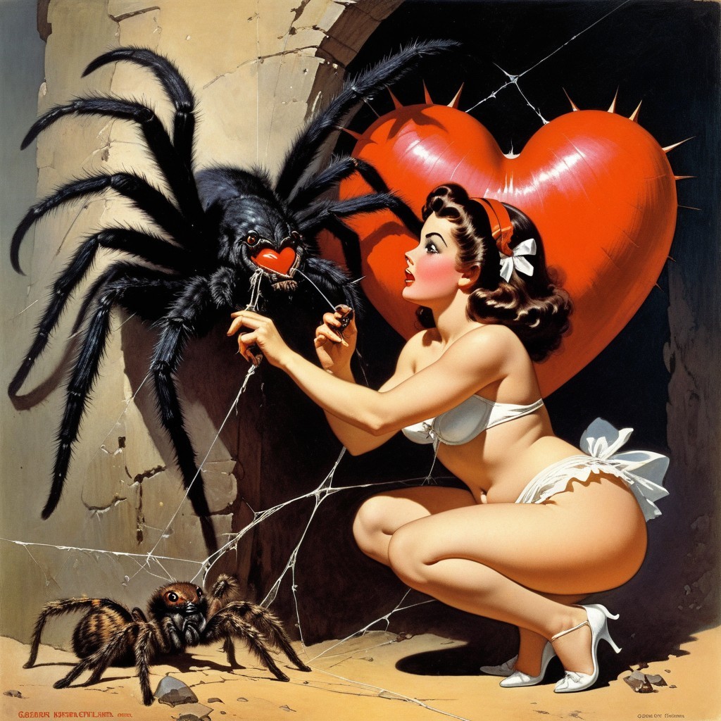 Whimsical Scene with Woman and Cartoonish Giant Spider
