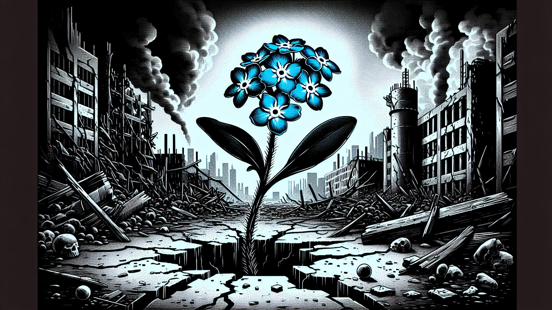 Blue Flower in Post-Apocalyptic Landscape with Debris