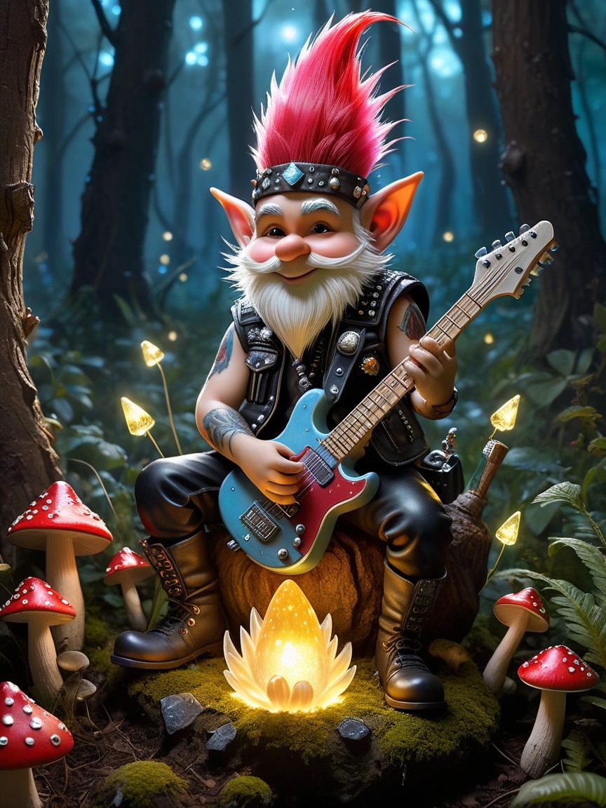 Whimsical Gnome Playing Guitar in Mystical Forest