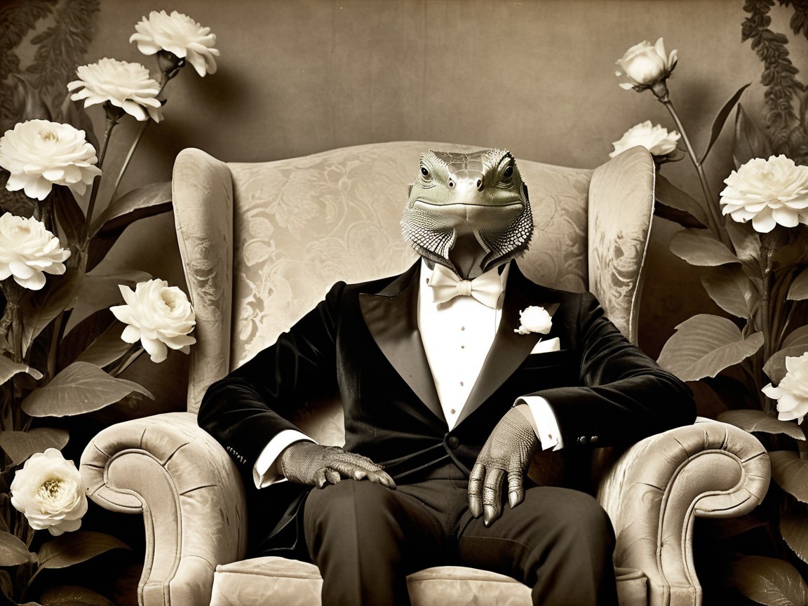 Iguana-headed figure in tuxedo amidst roses