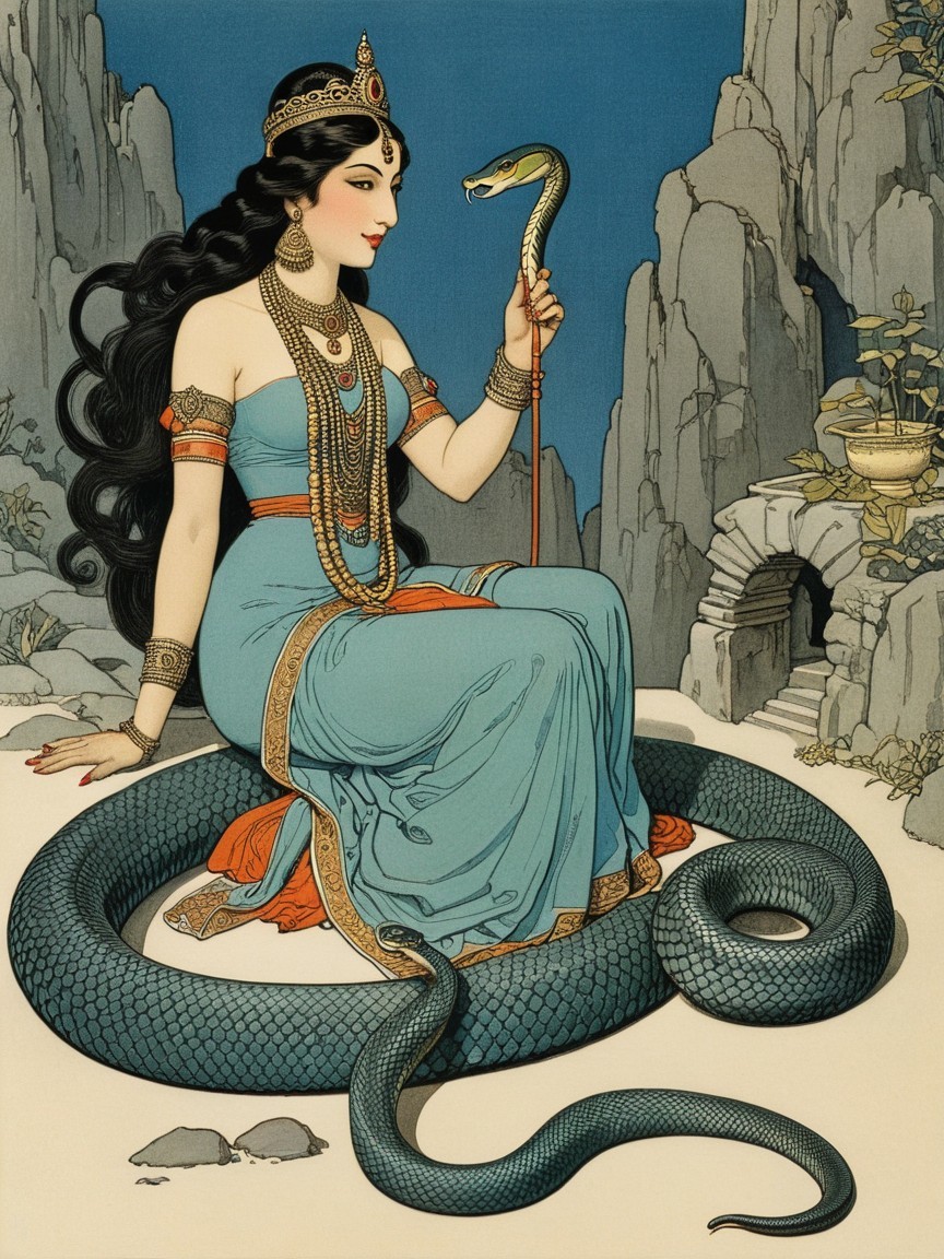 Regal woman on serpent in blue gown and crown