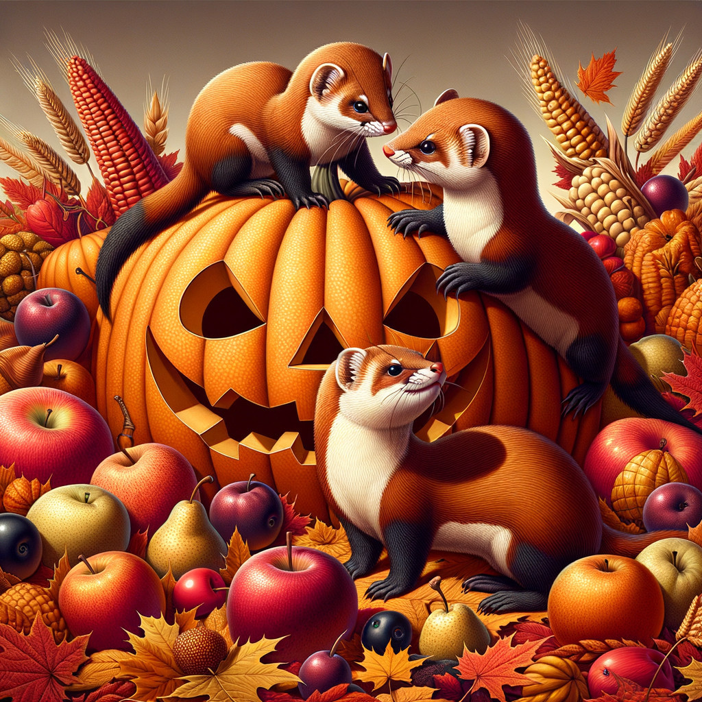 Playful Ferrets on a Carved Pumpkin in Autumn Scene