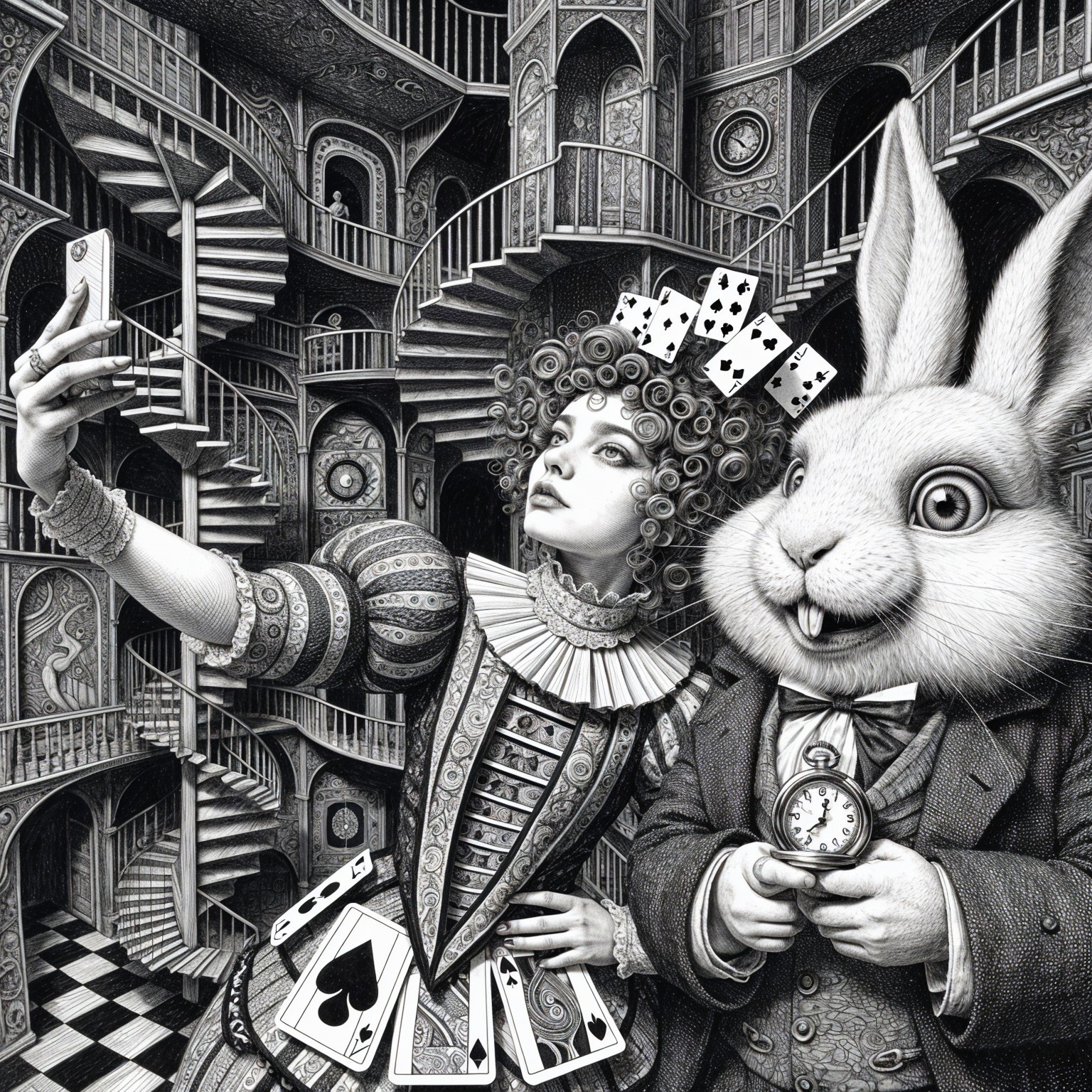 Surreal Black-and-White Scene with Woman and Rabbit