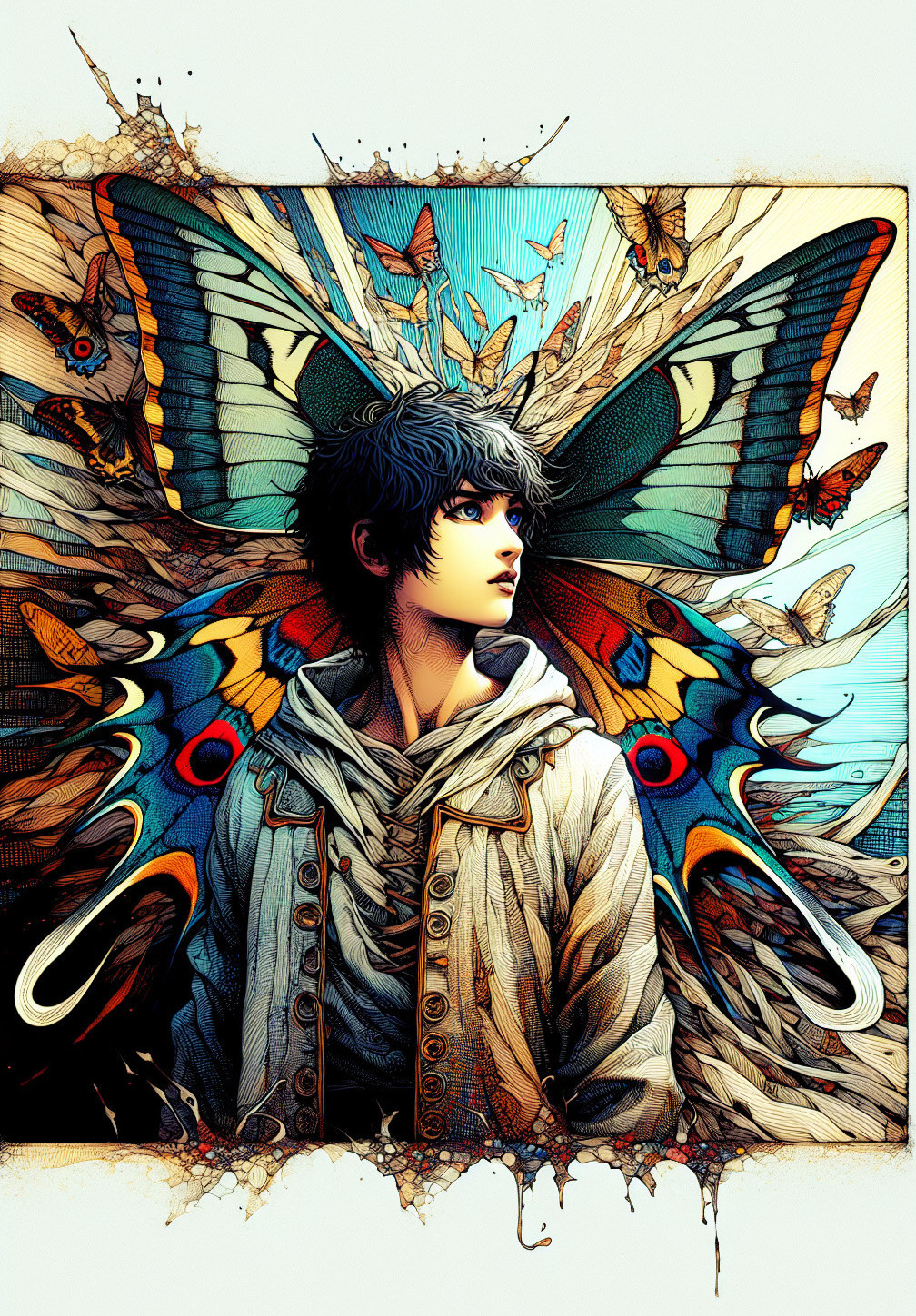 Young Person with Butterflies and Colorful Wings