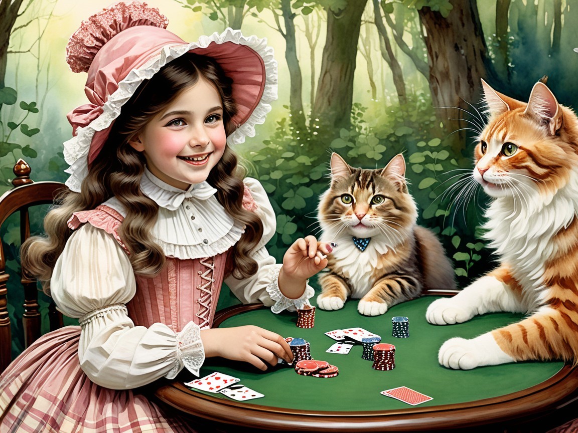 Young girl in vintage dress playing cards with cats