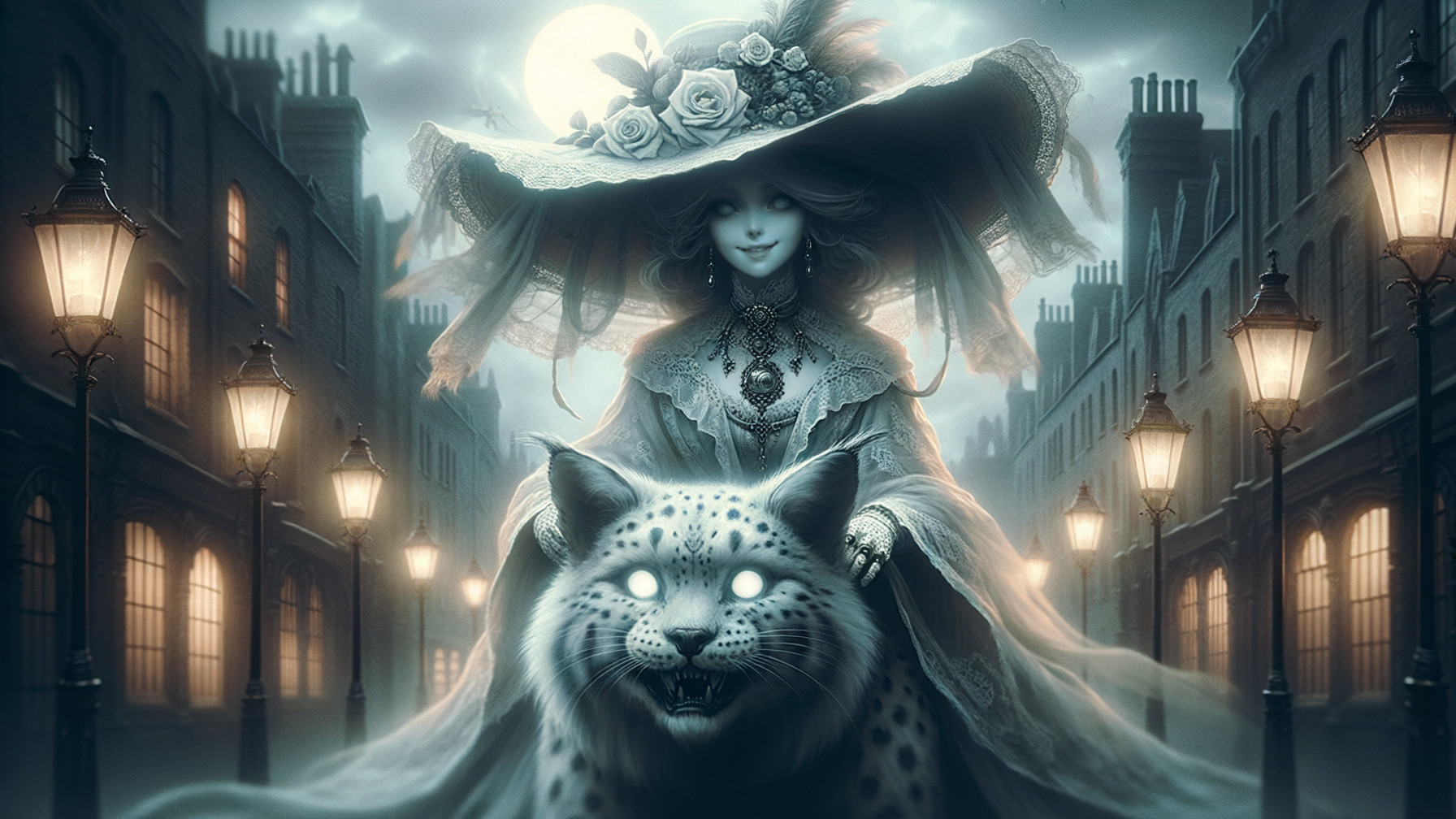 Mysterious Woman on Snow Leopard in Moonlit Street