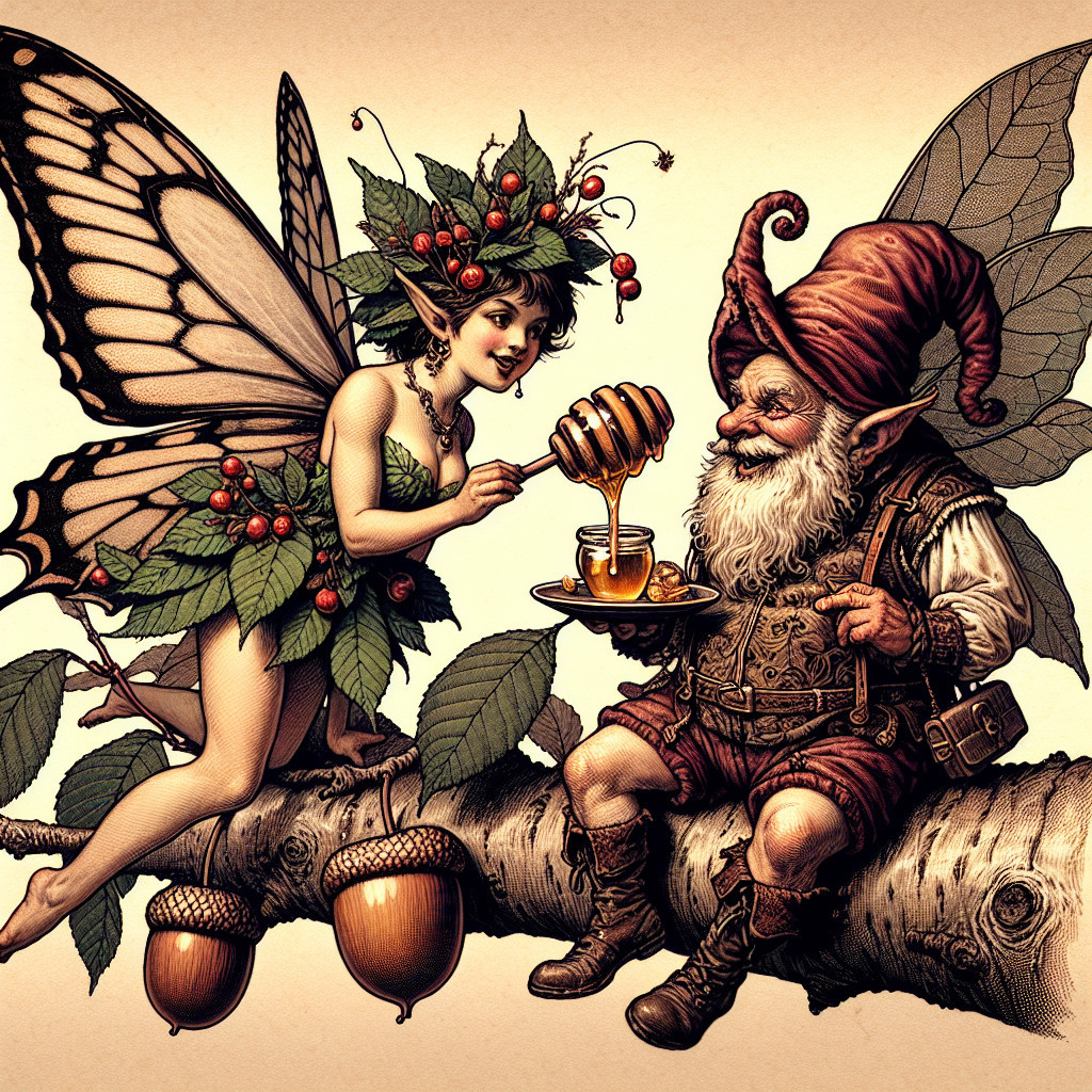 Fairy and Gnome in Enchanted Forest Scene with Honey