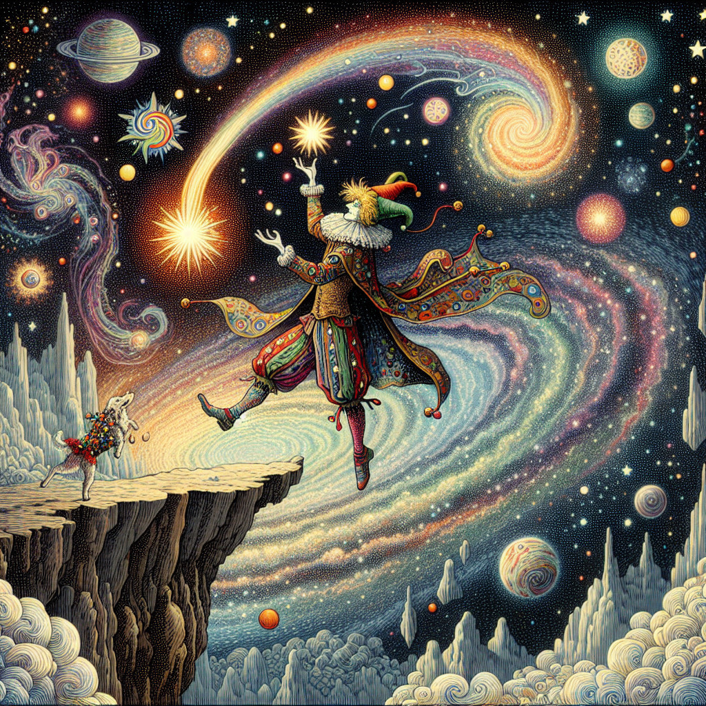 Whimsical jester on rocky outcrop under cosmic skies