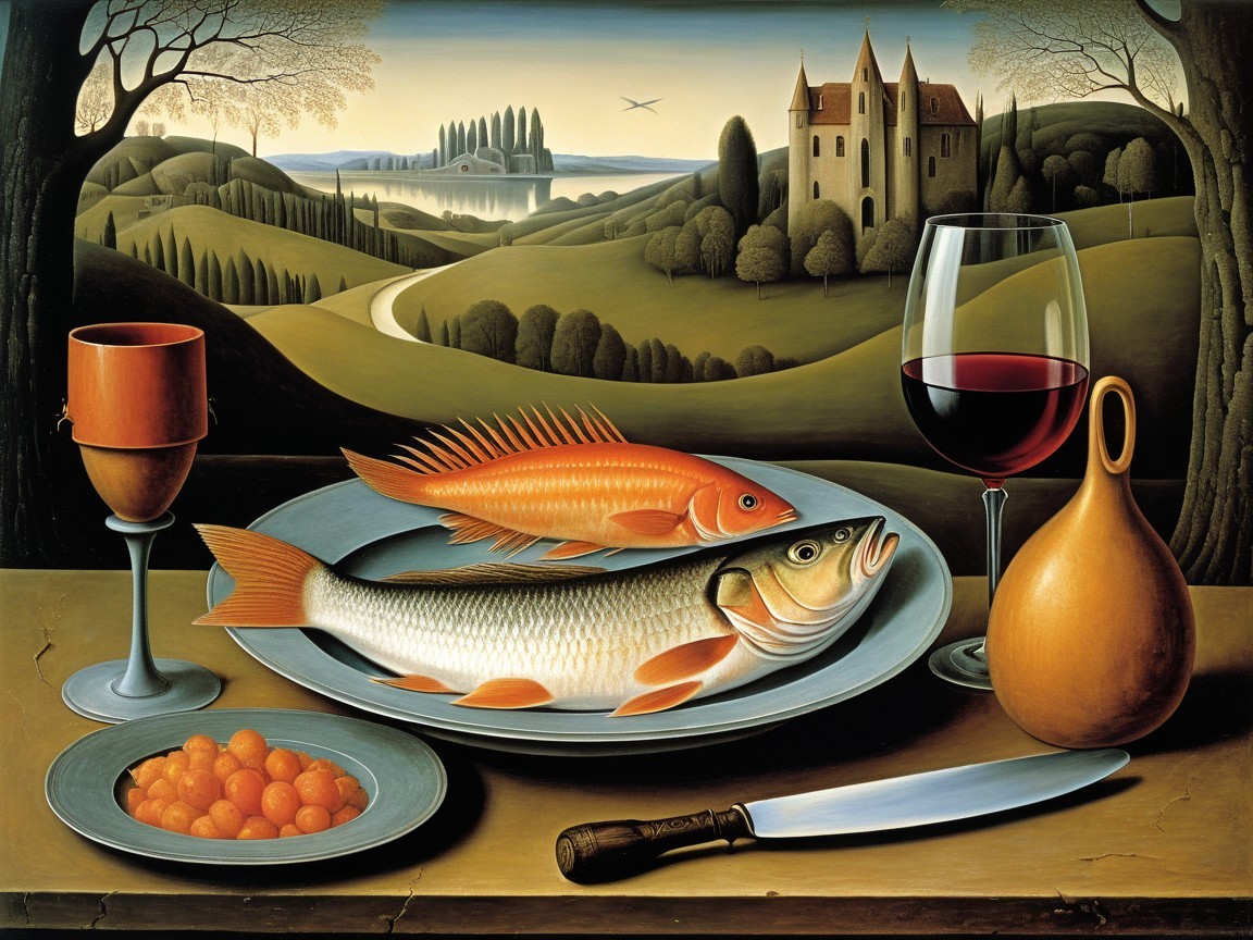 Still Life with Fish, Wine, and Scenic Background